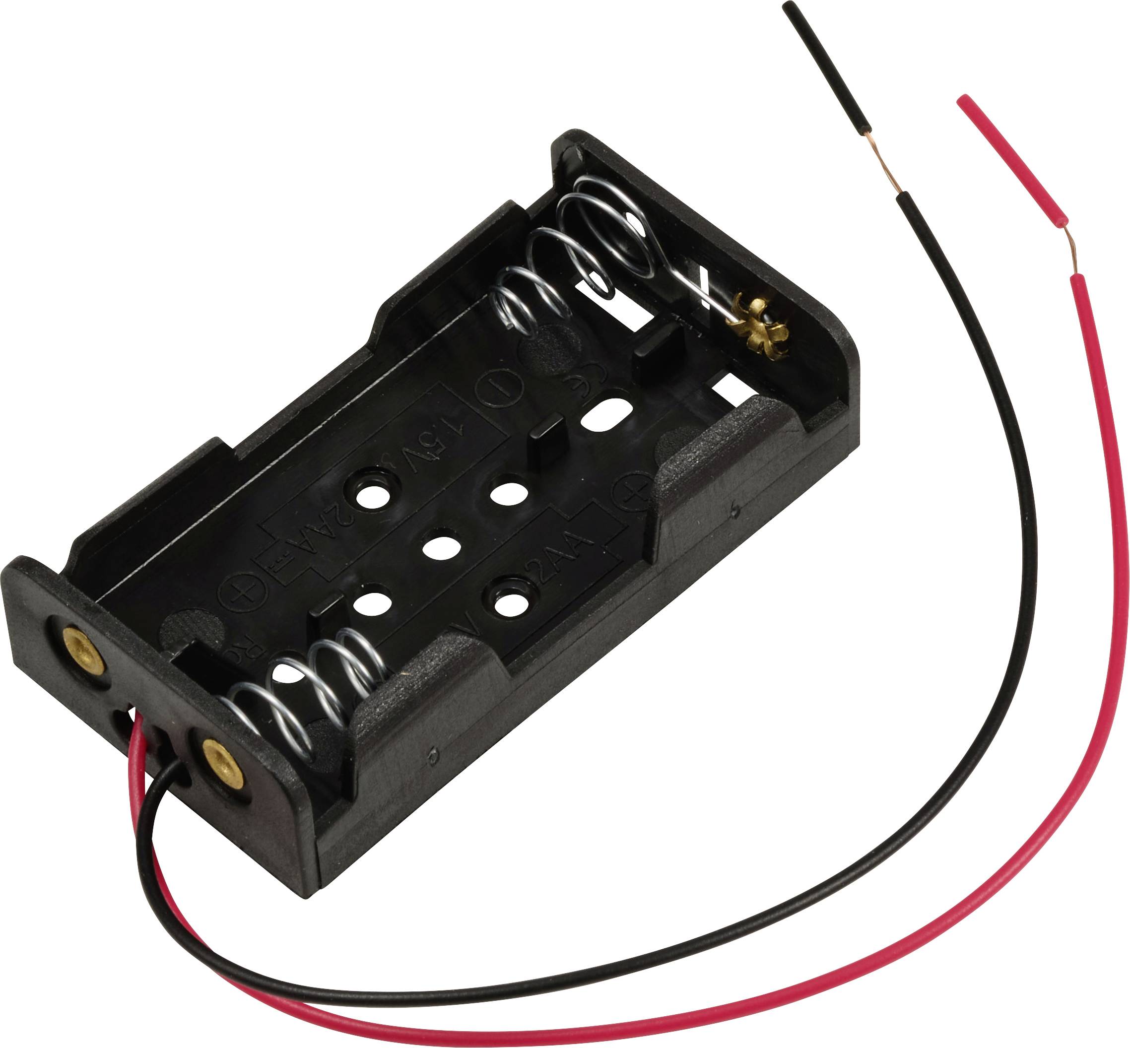 Schwarzer Batteriehalter für 2 AA-Batterien mit roten und schwarzen Anschlusskabeln. Seitliche Metallkontakte zur Stromübertragung.