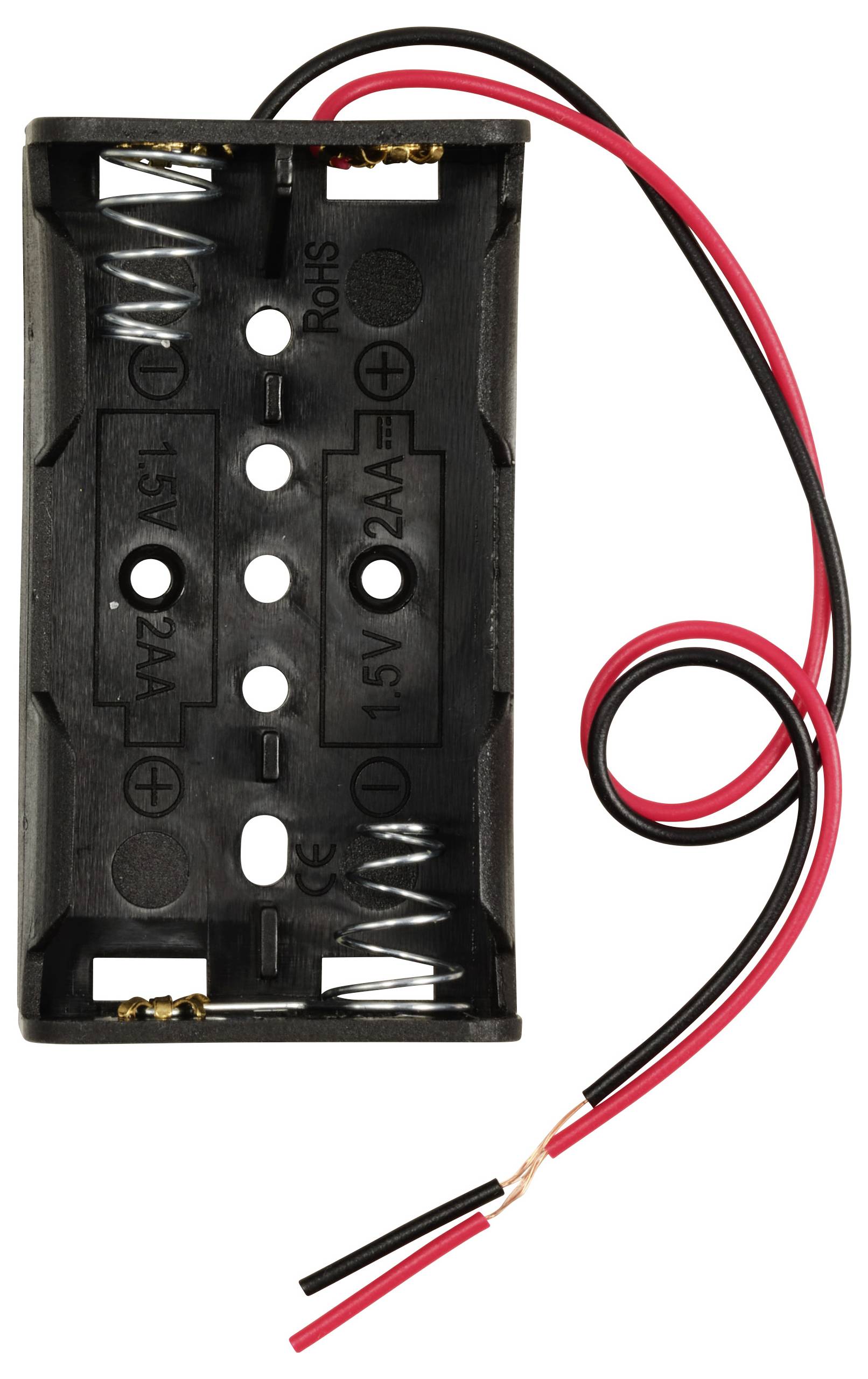 Batteriehalter für zwei AA-Batterien mit roten und schwarzen Anschlussdrähten.