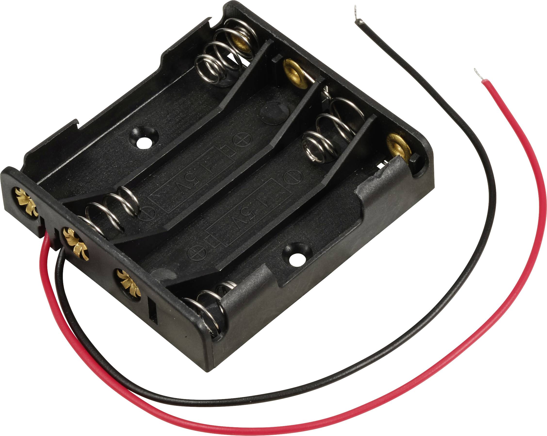 Batteriehalter für vier AA-Batterien mit roten und schwarzen Kabeln zur Stromversorgung von elektronischen Geräten.