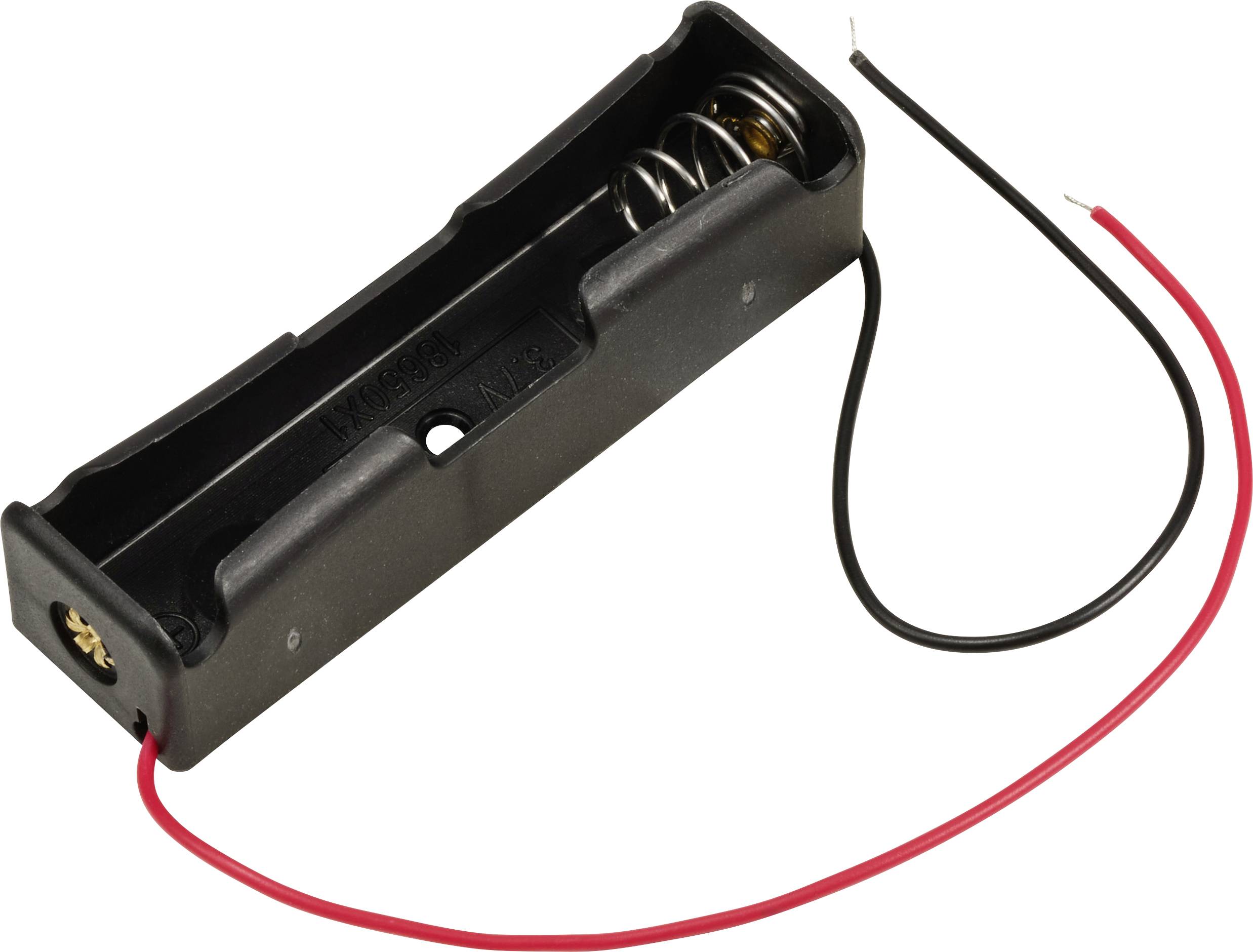 Batteriefach für eine AA-Batterie mit roten und schwarzen Kabeln zur Stromübertragung.