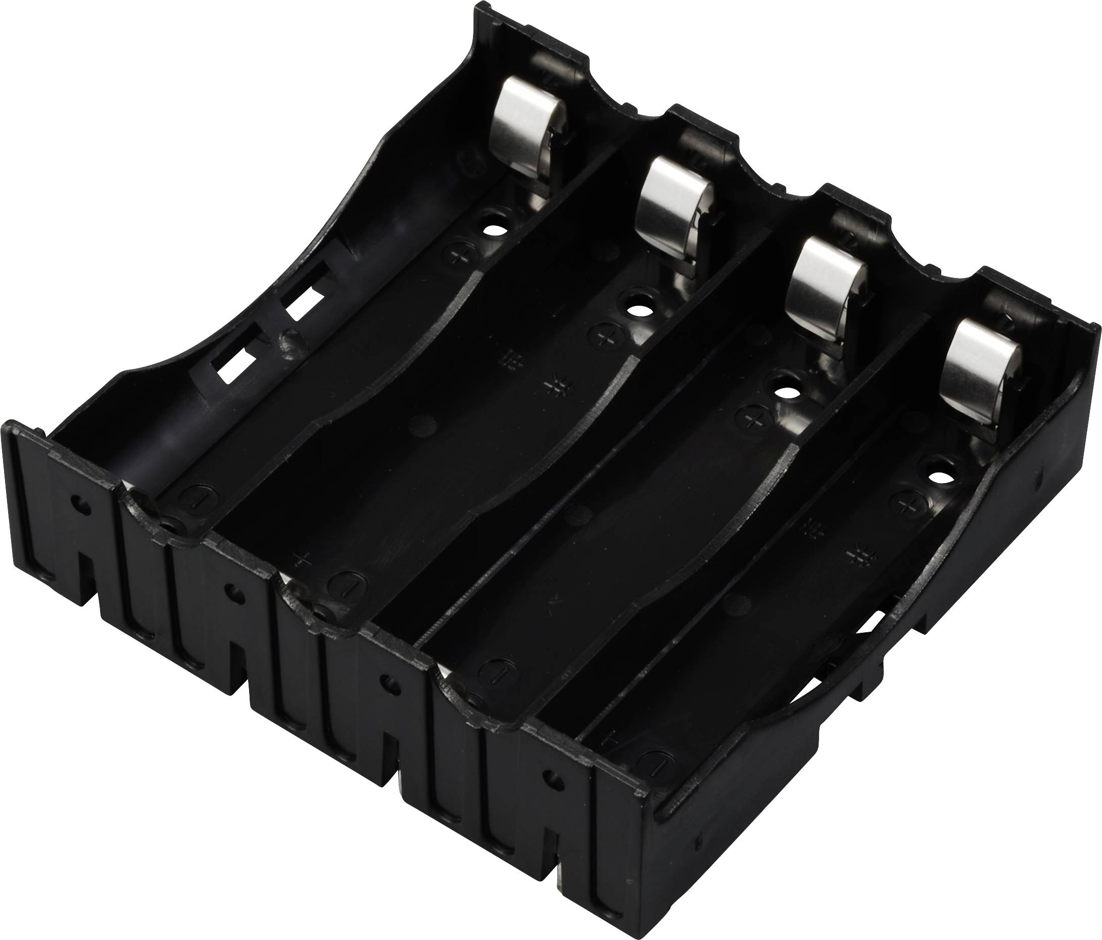 Schwarzes Kunststoff-Batteriefach für vier AA-Batterien in Reihe, mit Metallfedern auf einer Seite zur Sicherung der Batterien.