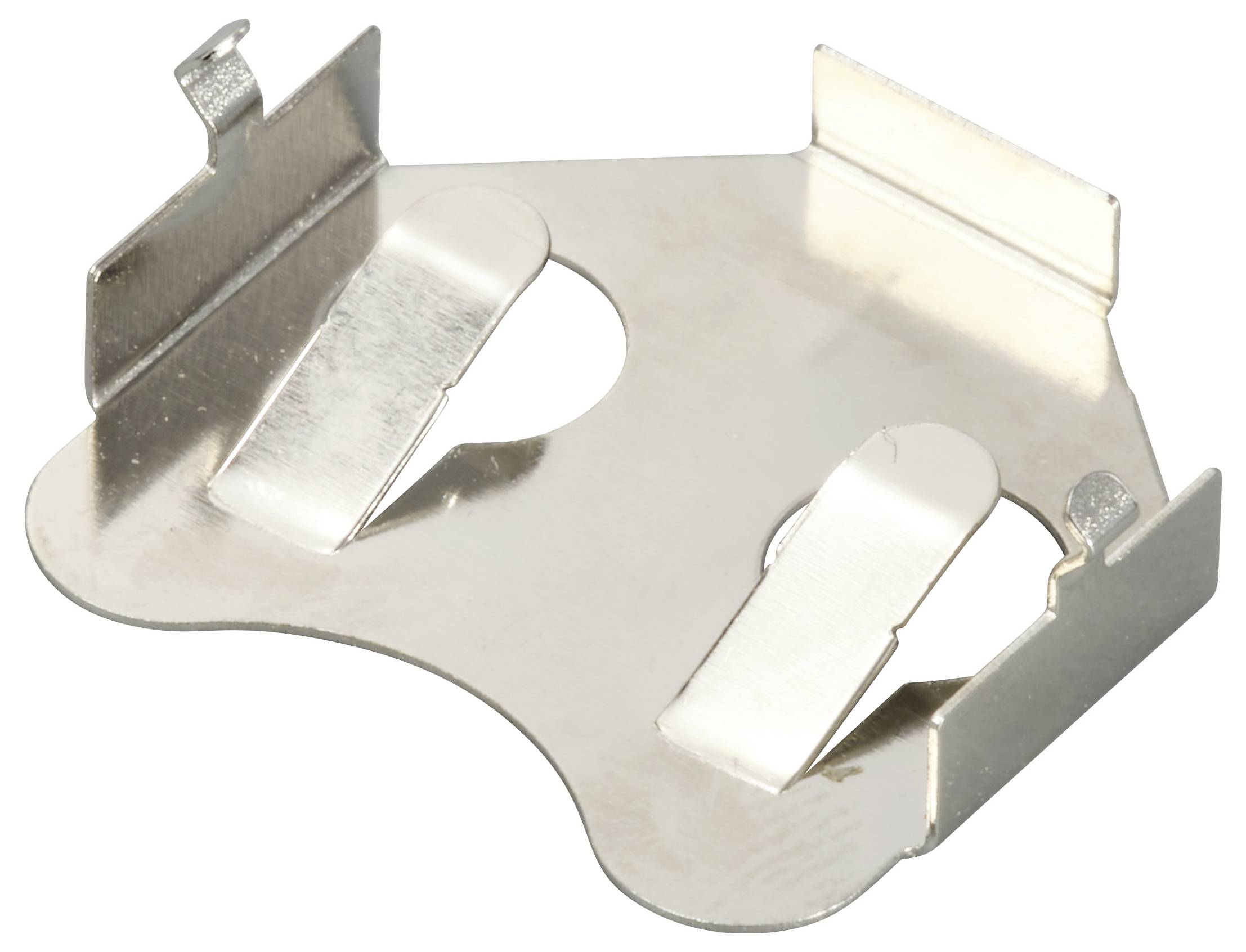 Metallhalterung zum Einbau von Knopfzellen, zeigt zwei Clips für sicheren Halt der Batterie.