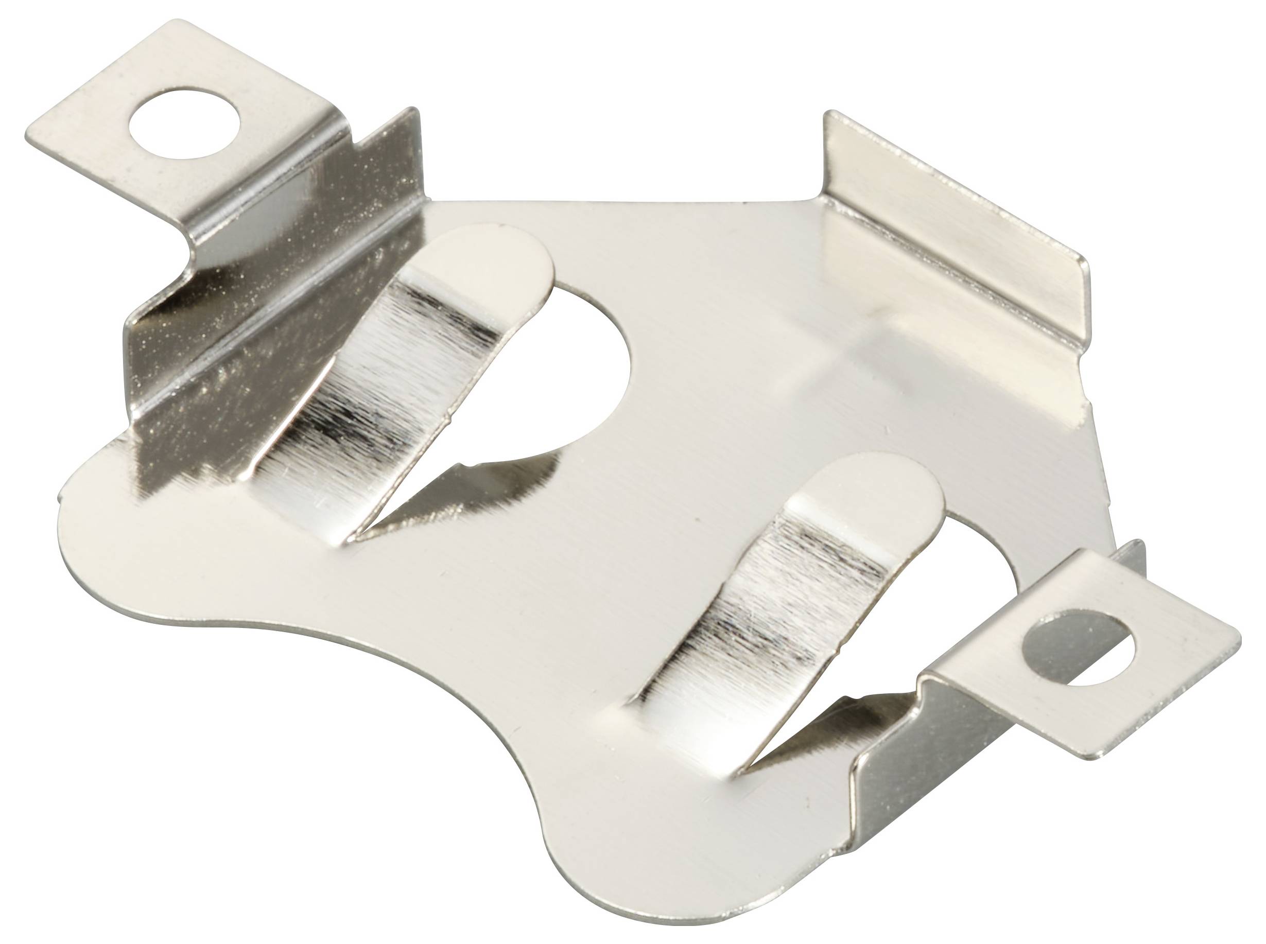 Ein silbernes Metallteil mit zwei länglichen Aussparungen und vier abgerundeten Laschen an den Ecken.