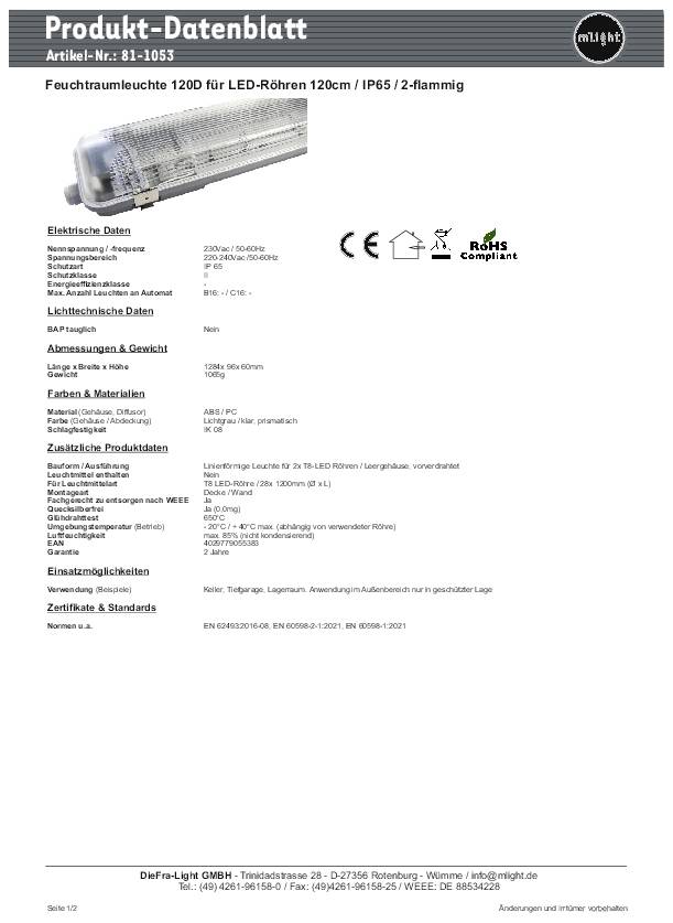 Mlight Feuchtraumleuchte G13 Hellgrau