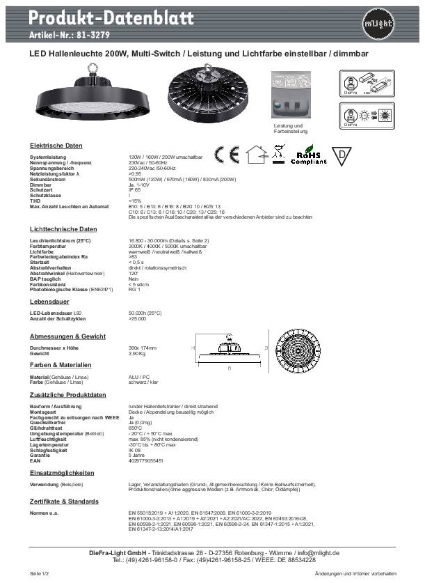 Produkt-Datenblatt LED Hallenleuchte 200W. Elektrische Daten, Lichttechnische Daten, Abmessungen, Zertifikate. Bilder der Leuchte.