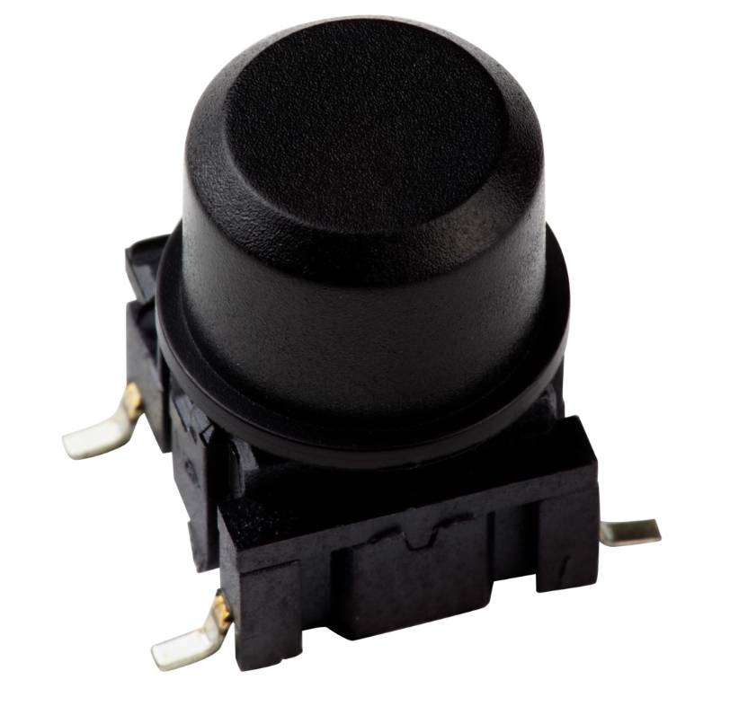 Schwarzer Taster-Schalter mit drei Metallanschlüssen, geeignet für elektronische Schaltungen.