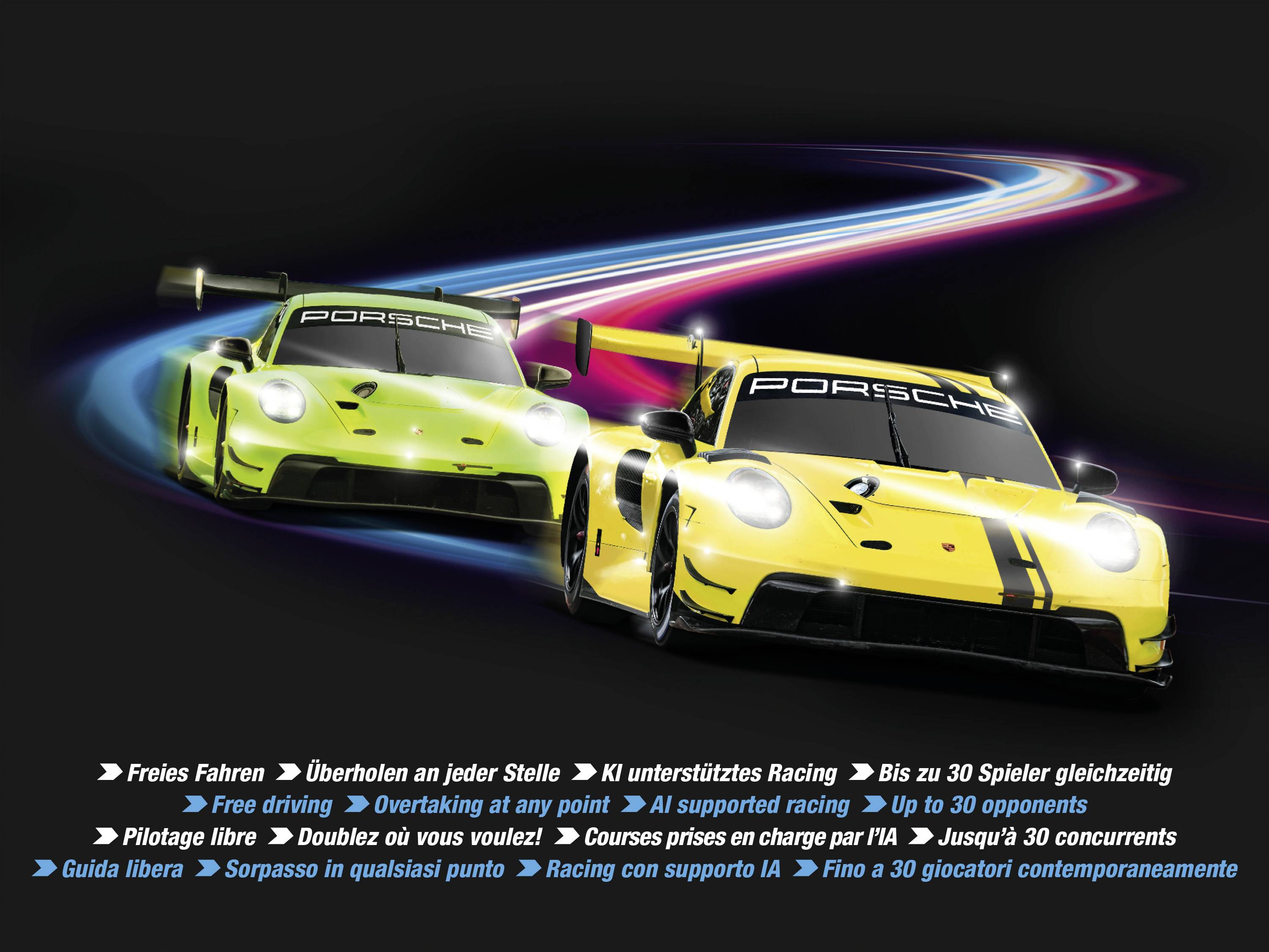 Zwei gelbe Porsche-Rennwagen auf einer Rennstrecke, umgeben von mehrfarbigen Lichtspuren. Text zu Rennfunktionen unten.