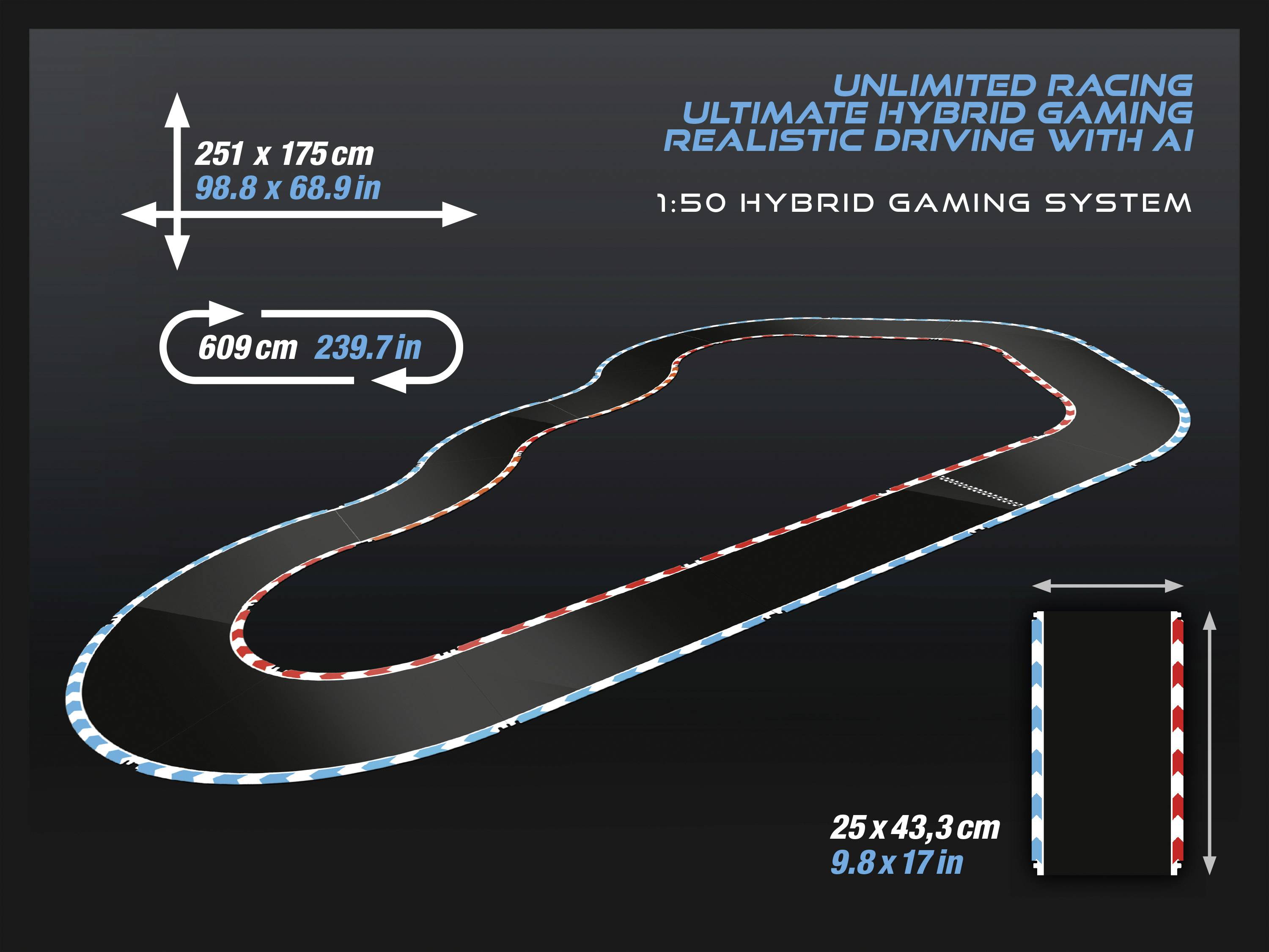 Rennstrecken-Diagramm mit zwei Maßangaben: 251 x 175 cm und 609 cm Länge. Text: 'Ultimate Hybrid Gaming' und 'Realistic Driving with AI'.