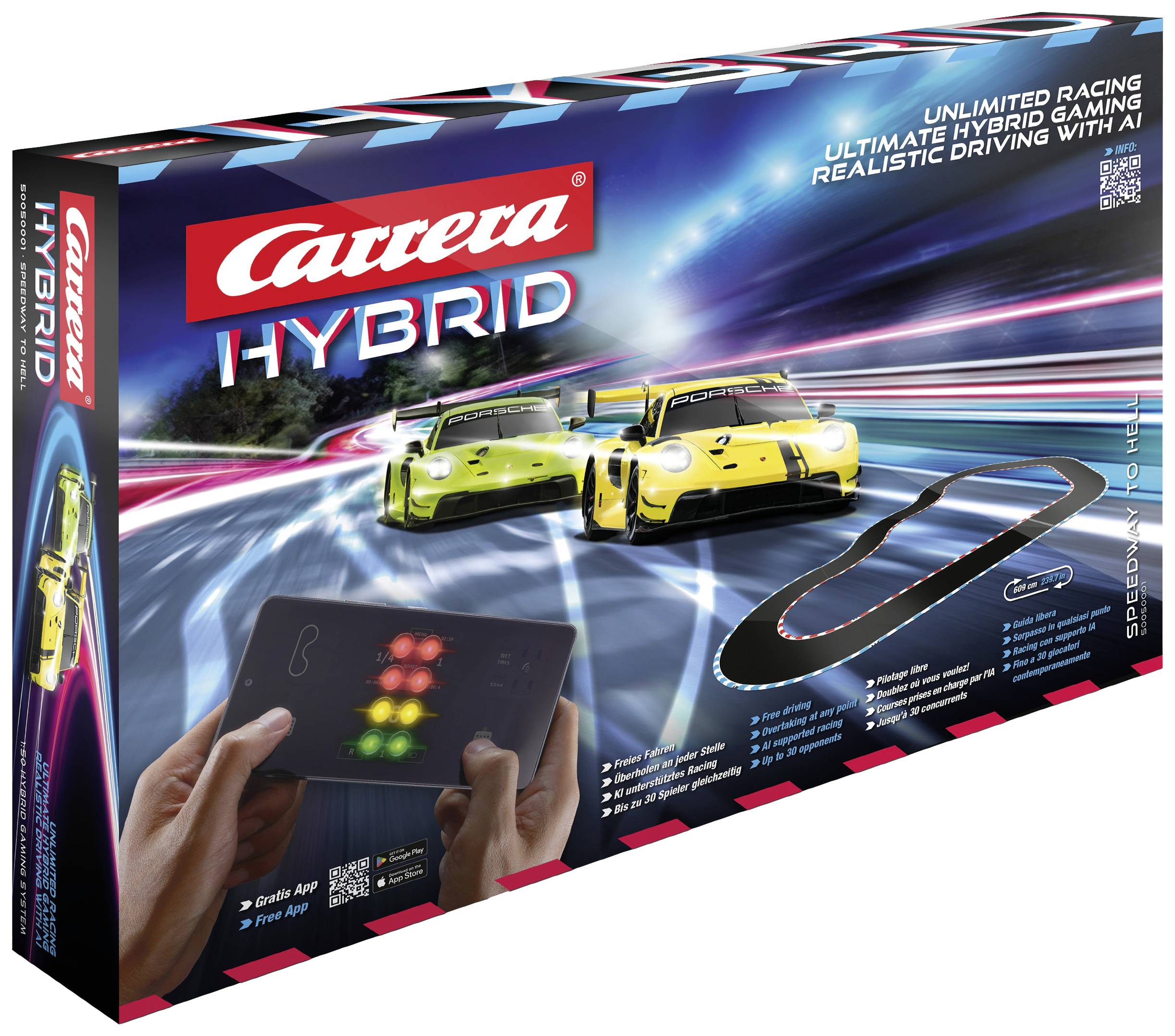 'Carrera Hybrid' Spielzeug-Verpackung zeigt Autorennbahn mit zwei Autos, Steuergerät und hervorgehobener App-Nutzung für hybrides Spielen.