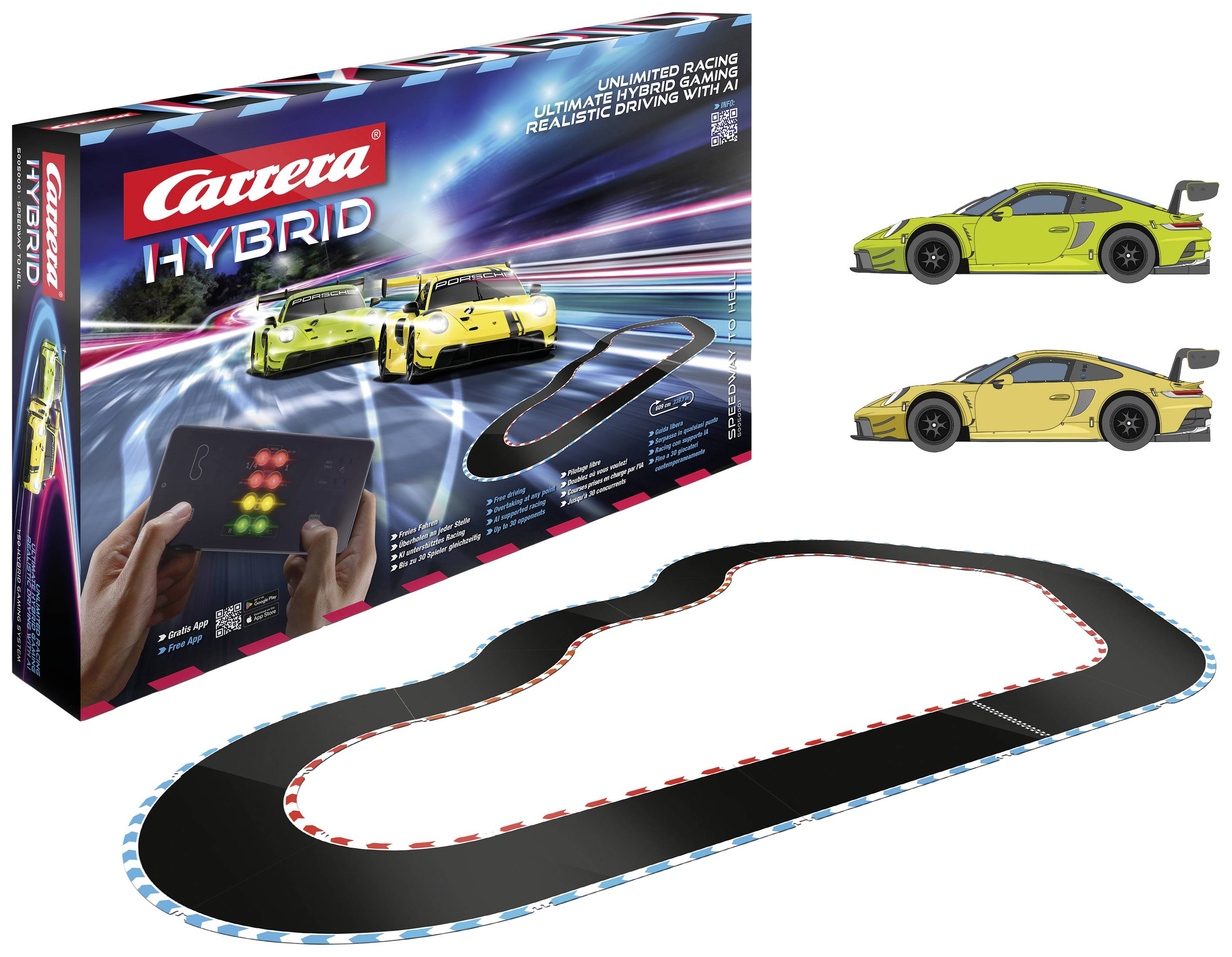 'Carrera Hybrid' Spielzeug-Rennbahn-Box mit zwei gelben Rennautos auf der Verpackung, zeigt ein Streckendesign für das Spiel.