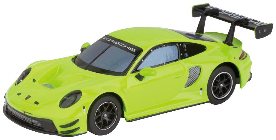Knallgrünes Sportwagen-Modell mit auffälligem Heckflügel und aerodynamischem Design, Seitenansicht.