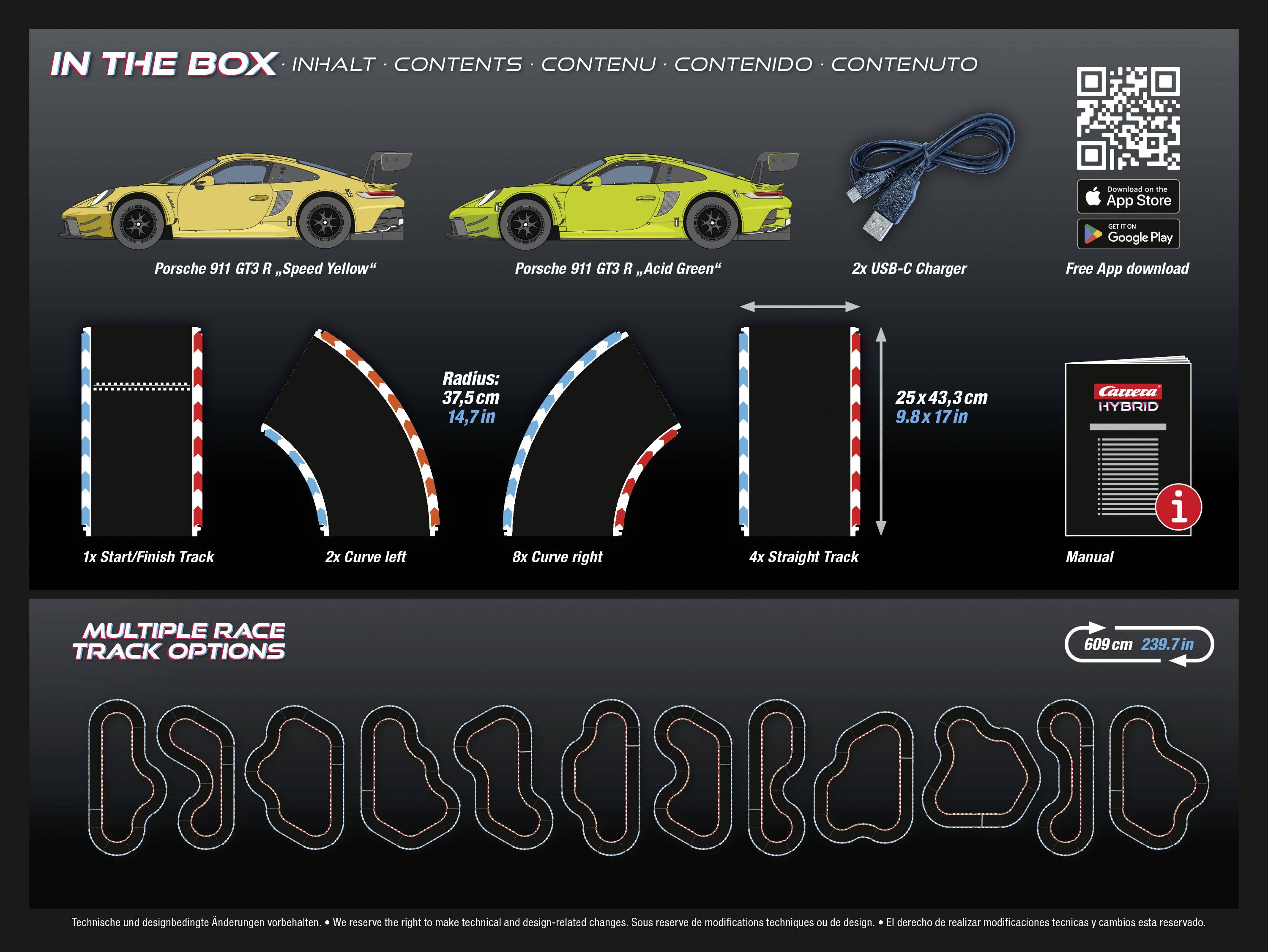 Carrera Rennbahnset mit zwei Porsche 911 GT3 R Autos, mehrfachen Streckenoptionen und Zubehör. Enthält Anleitungen und Ladegeräte.
