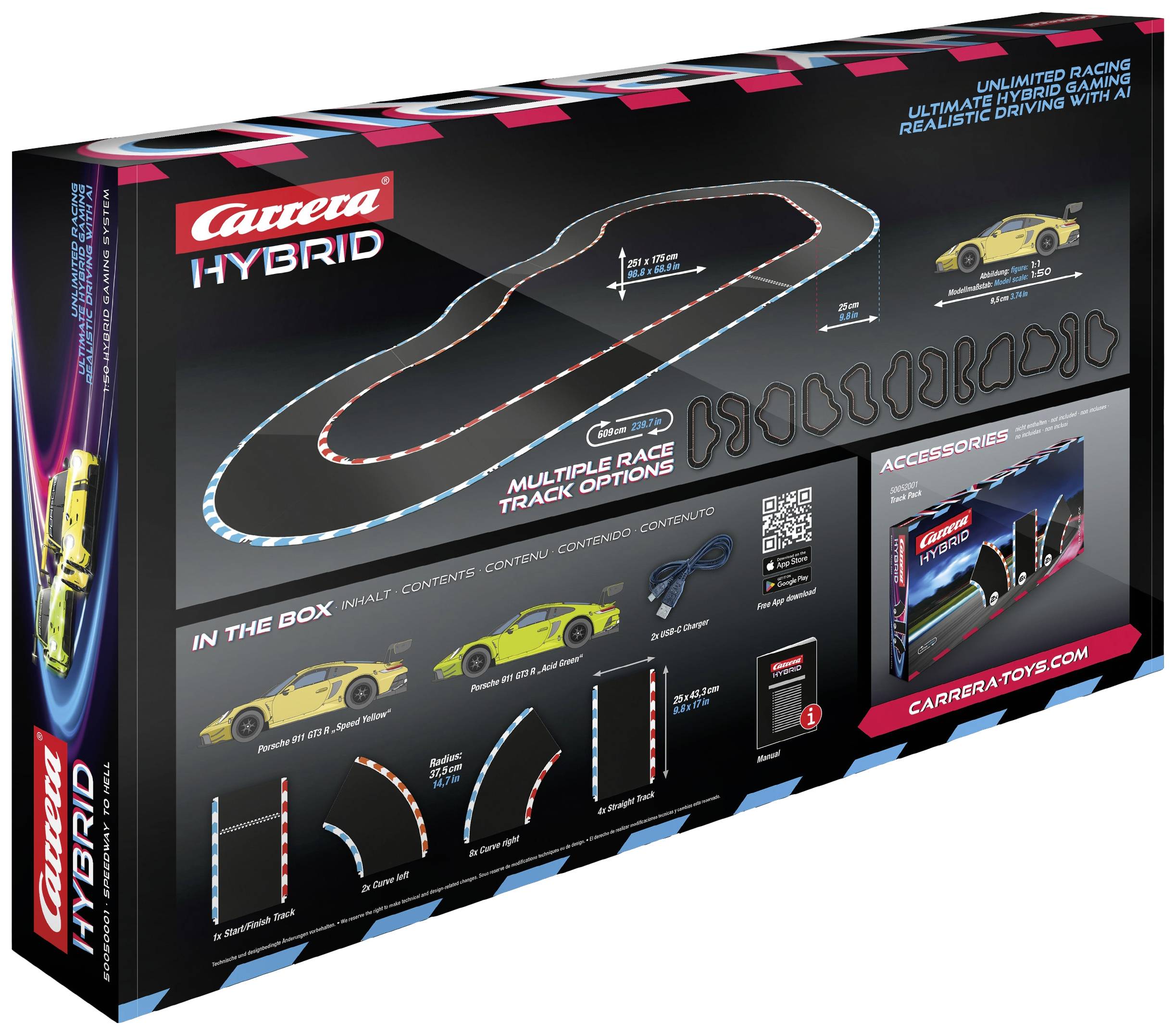Die Verpackung zeigt eine Carrera-Rennstrecken-Simulation mit Hybrid-Funktionen. Enthalten sind Fahrzeuge, Streckenteile und Zubehör.