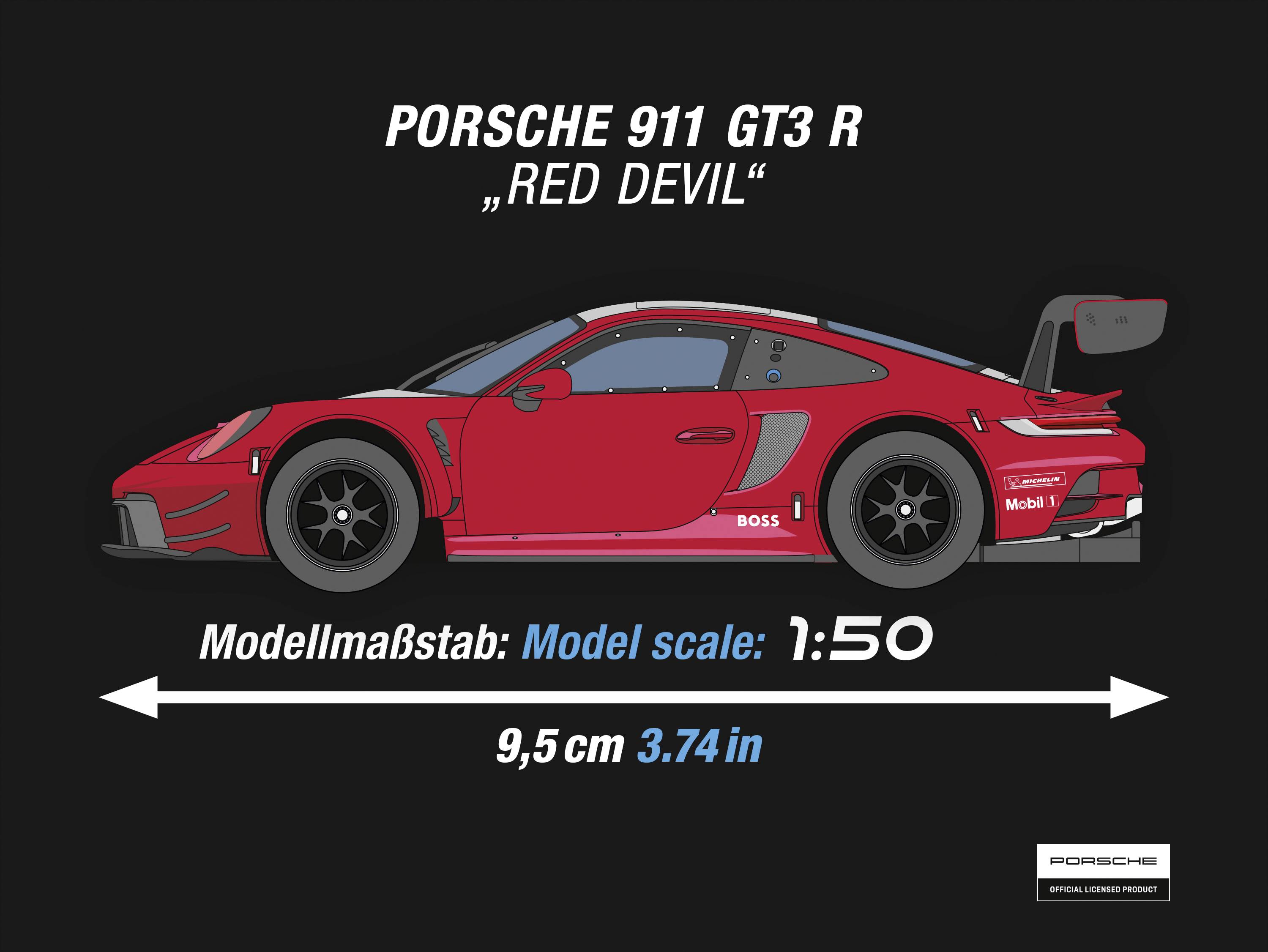 Abbildung eines roten Porsche 911 GT3 R mit dem Namen 'Red Devil', Modellmaßstab 1:50, Länge 9,5 cm (3,74 Zoll).