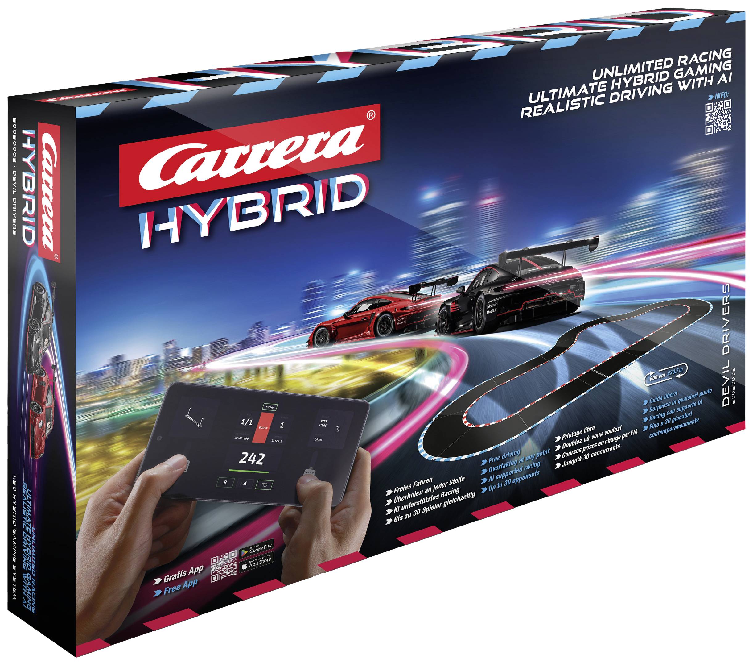 'Carrera Hybrid'-Spielset-Verpackung, zeigt eine Rennbahn mit zwei Autos und ein Tablet, das als Fernbedienung genutzt wird.