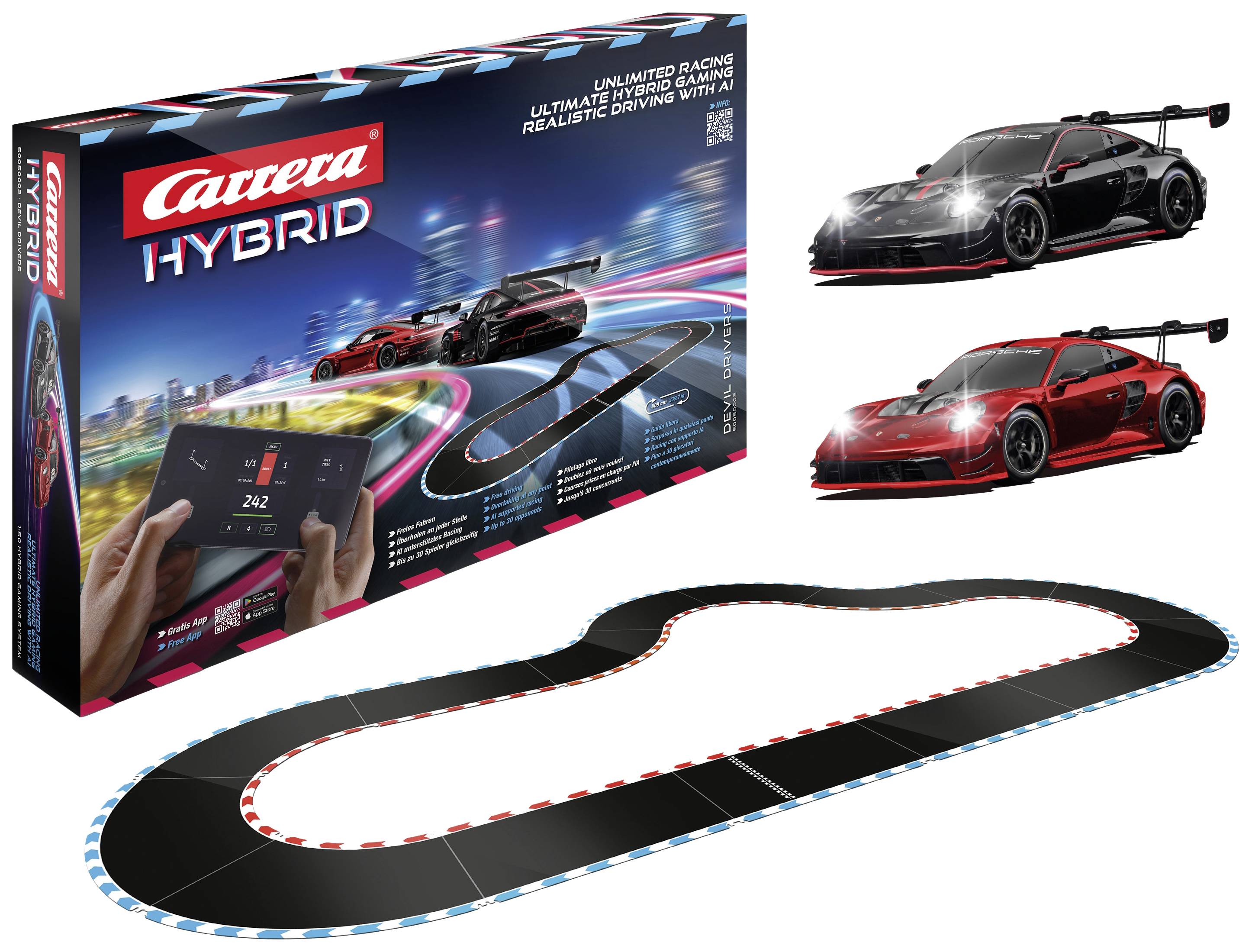 Die Abbildung zeigt eine Carrera-Hybrid-Rennbahnverpackung mit Rennstrecke und zwei Spielzeugrennwagen.