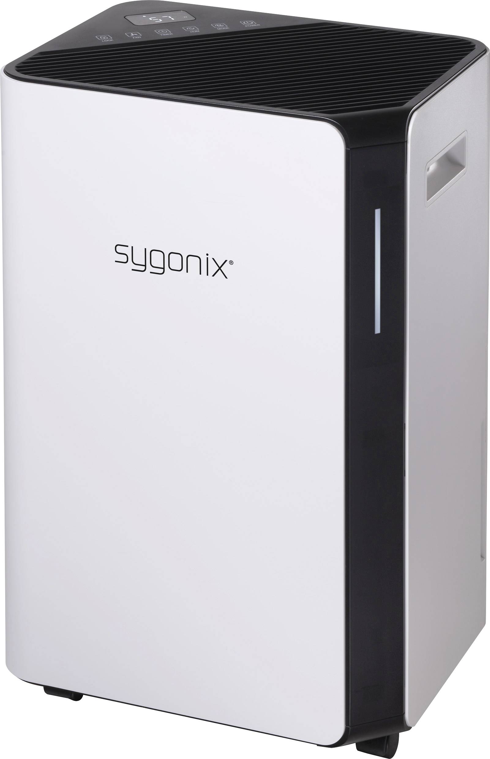 Ein weißer Luftentfeuchter mit der Aufschrift 'sygonix' auf der Vorderseite. Er hat eine rechteckige Form und seitliche Griffe.