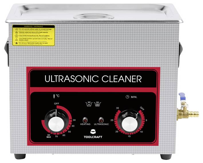 Ultraschallreiniger mit Temperatur- und Zeiteinstellungen. Gerät aus Metall mit Anzeigen für 'Heating' und 'Ultrasonic'. Ideal zur Reinigung.