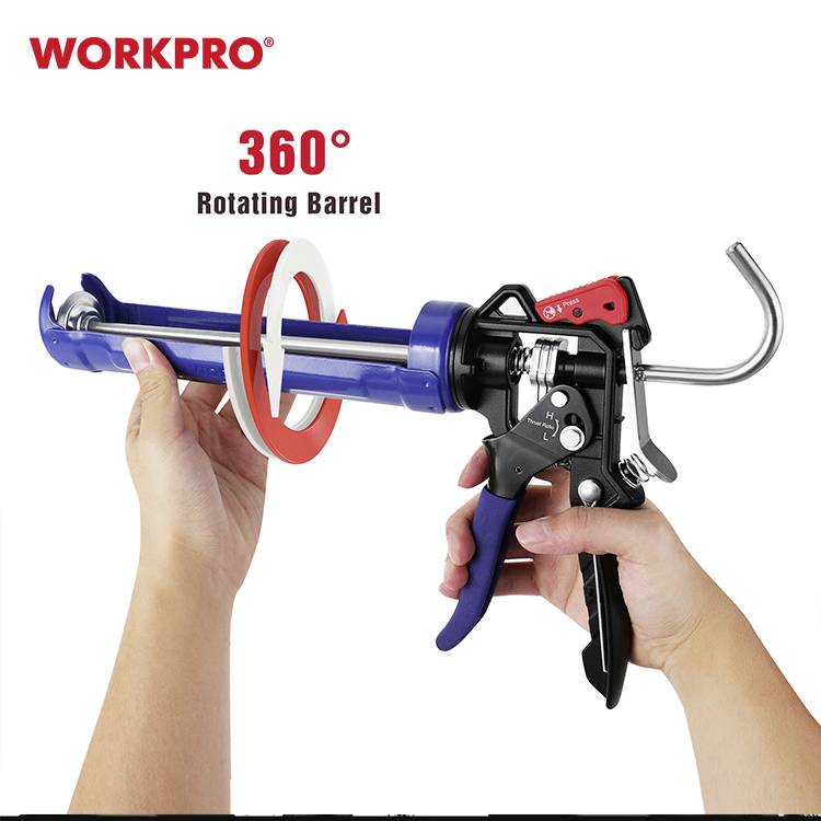 Zwei Hände halten eine blaue Kartuschenpistole mit einer 360-Grad-drehbaren Kartusche. Oben links steht 'WORKPRO'.