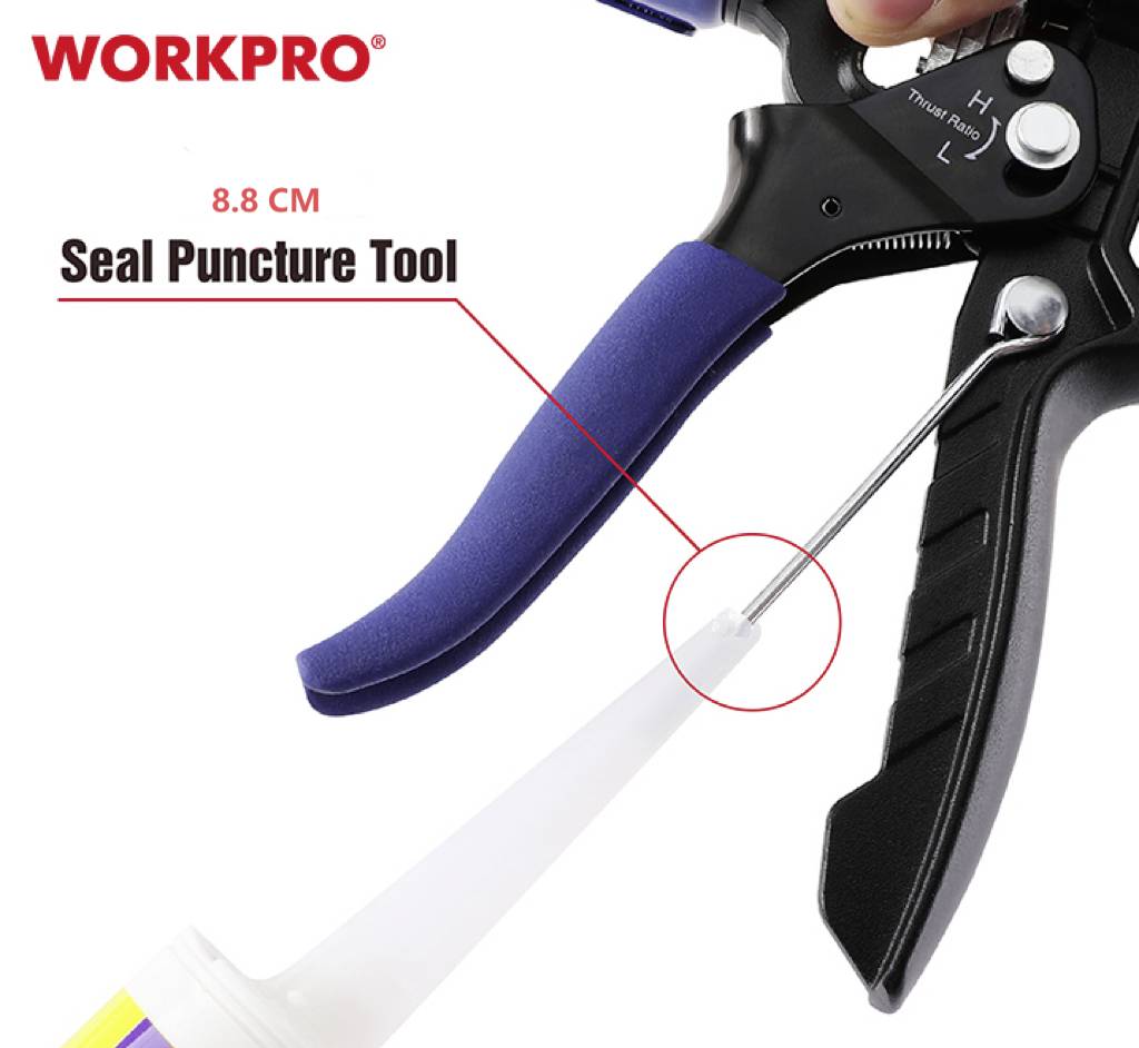 Werkzeug mit blauen Griffen durchsticht einen Dichtungsdeckel. Text zeigt 'Seal Puncture Tool, 8,8 cm'.