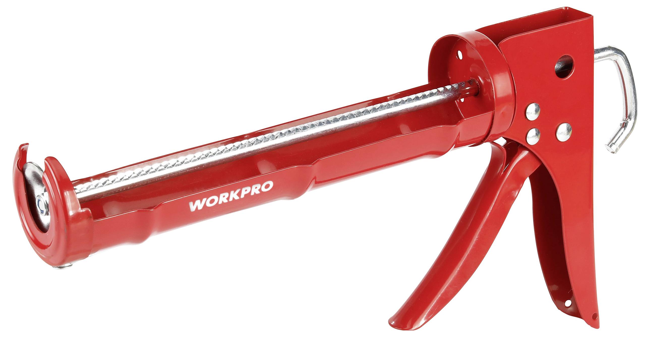 Rote Kartuschenpresse mit dem Aufdruck 'WORKPRO', seitlich liegend. Verwendet für Bau- und Reparaturarbeiten zum Auftragen von Dichtstoffen.