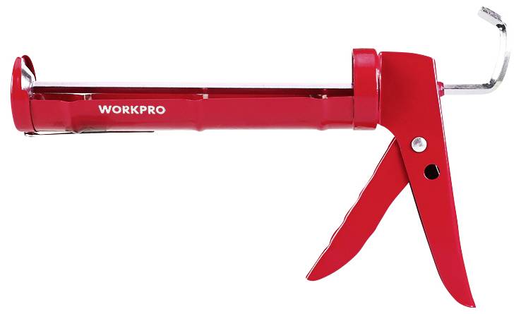 Rote Auspresspistole für Kartuschen, seitlich abgebildet, mit Hebel und Haken, Marke 'WORKPRO' auf dem Rohr.