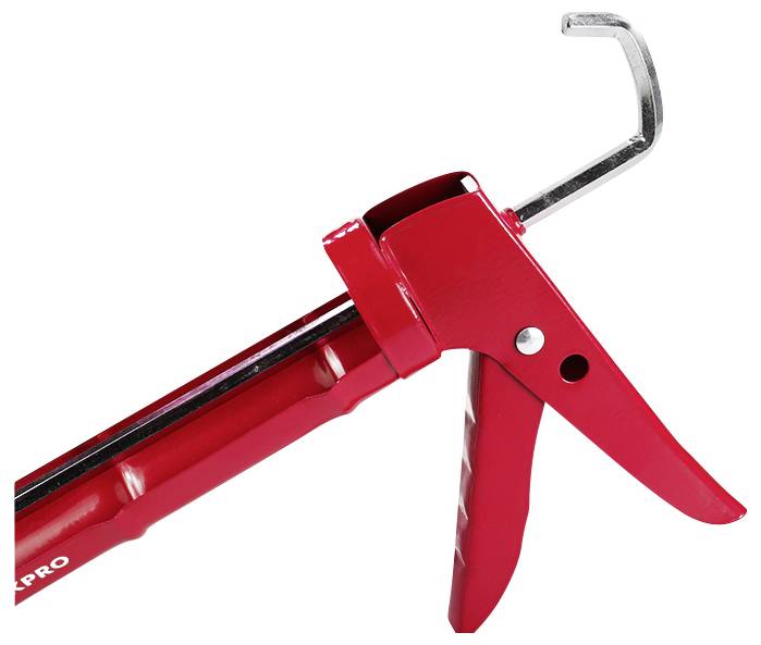 Rote Kartuschenpistole mit Metallhaken und Abzug, verwendet zum Auspressen von Dichtungsmitteln oder Klebstoffen aus Kartuschen.