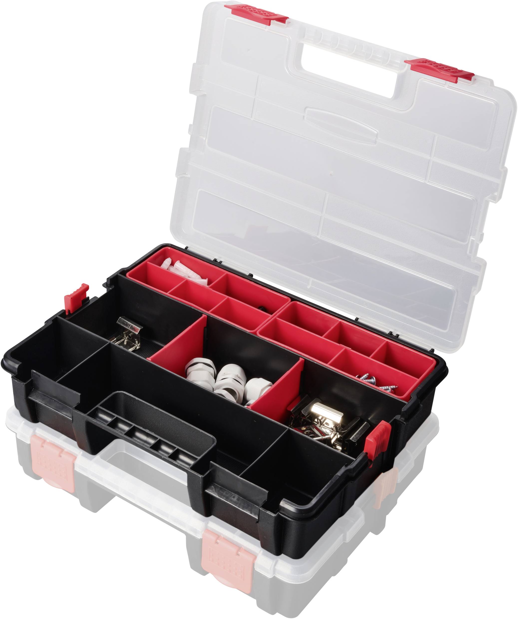 Ein geöffneter Werkzeugkasten mit roten Fächern und mehreren Werkzeugen und Zubehörteilen. Das Design ist modular und tragbar.