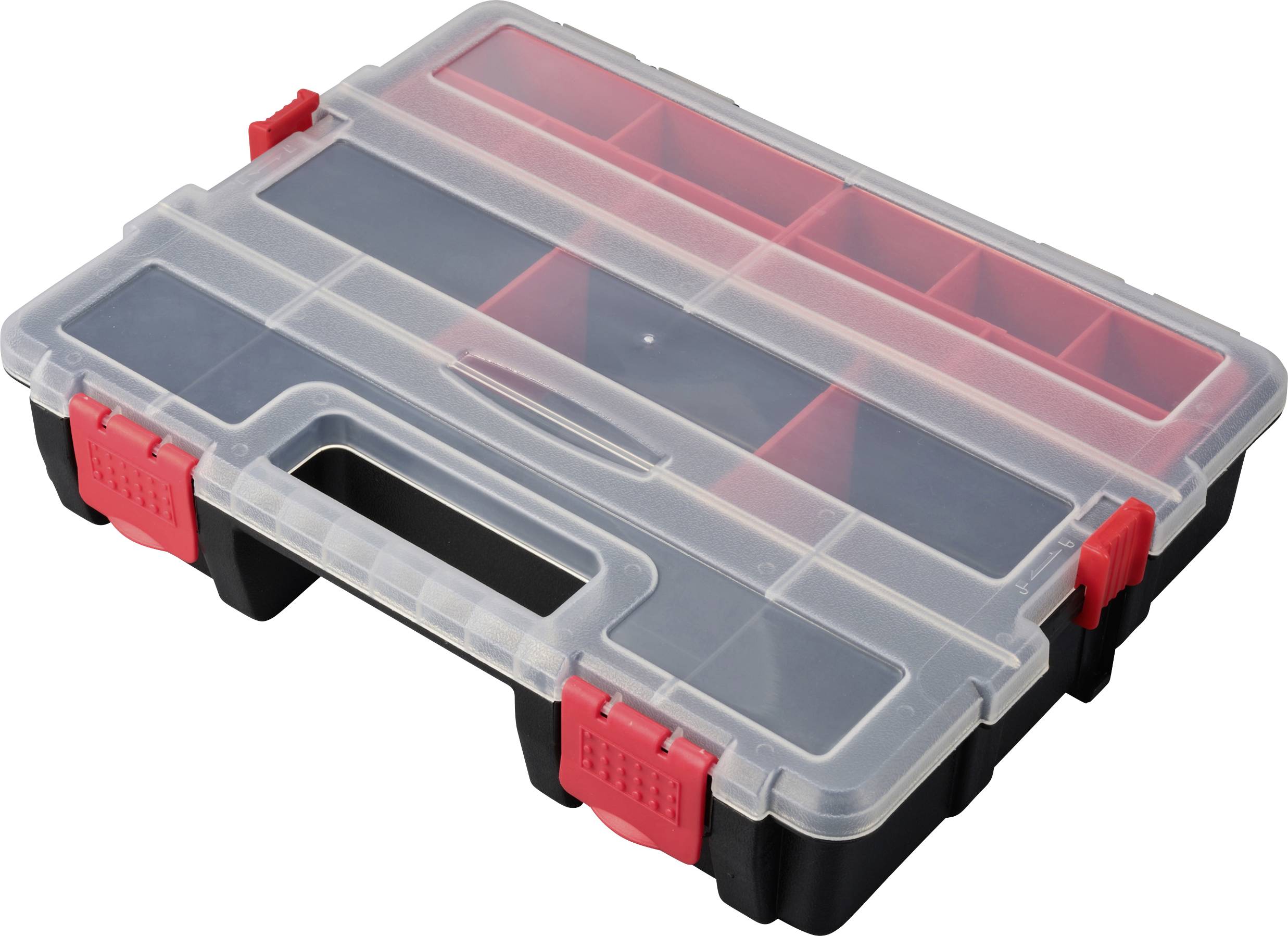 Eine transparente Werkzeugbox mit roten Verschlüssen und mehreren Fächern zur Aufbewahrung von Kleinteilen.