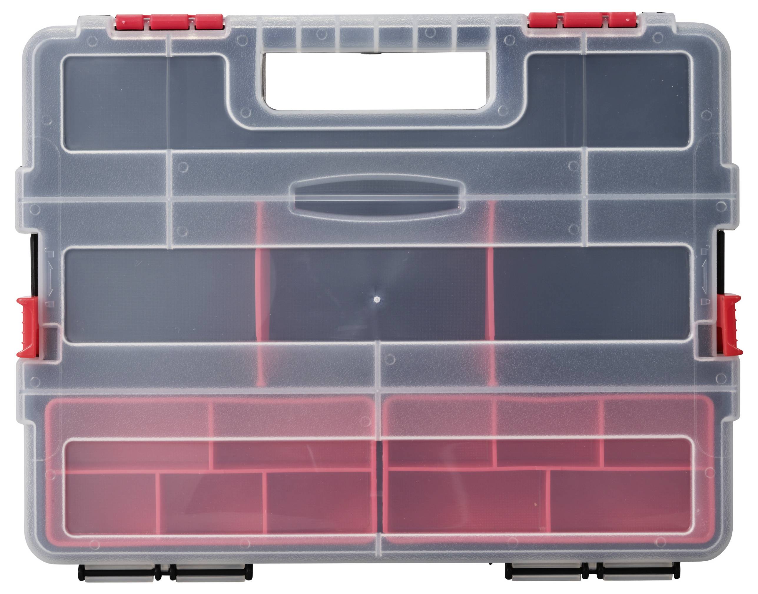 Ein transparenter Werkzeugkasten mit roten Trennelementen, mehrere Fächer zur Aufbewahrung von Kleinteilen.