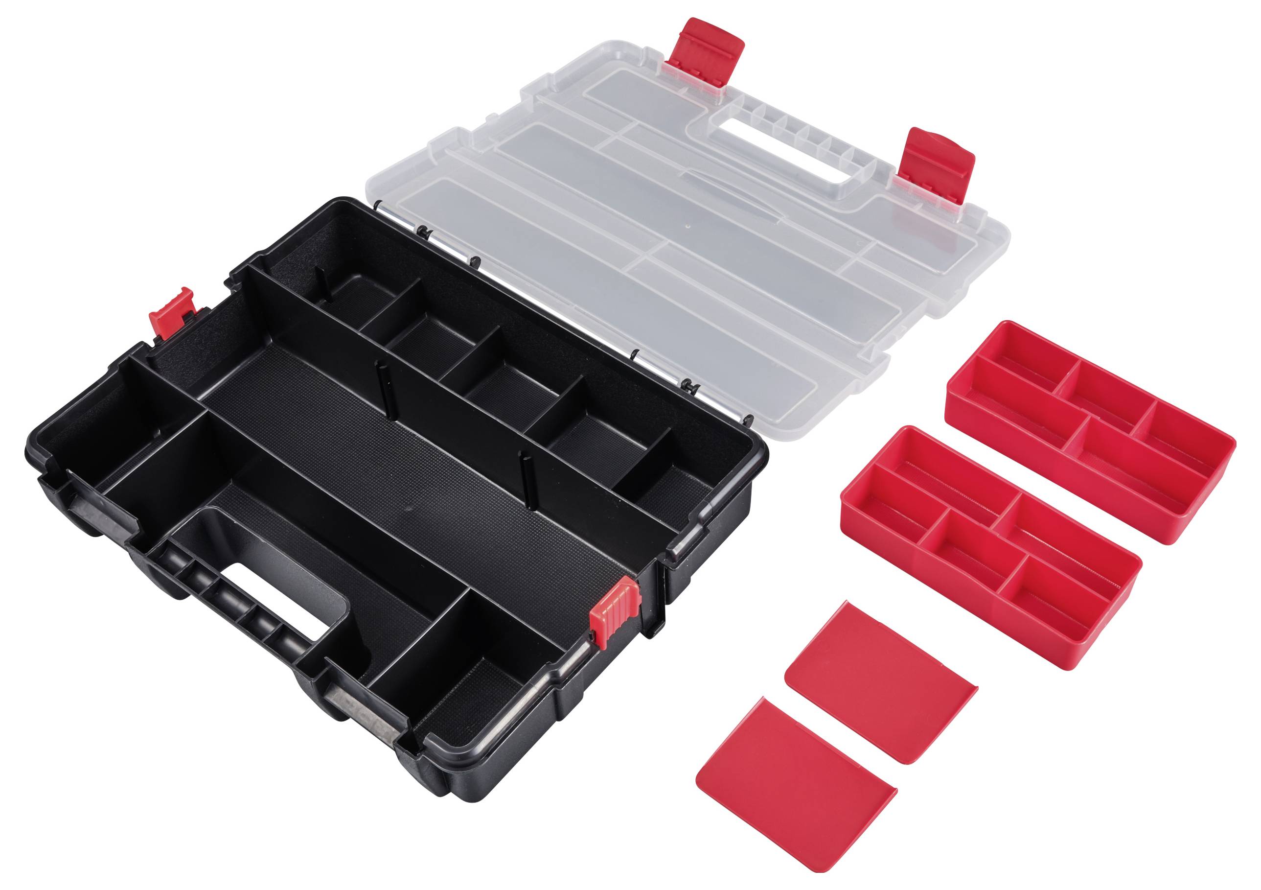 Schwarzer Werkzeugkoffer aus Kunststoff mit transparentem Deckel, rotem Verschluss und herausnehmbaren roten Fächern zur Aufbewahrung.