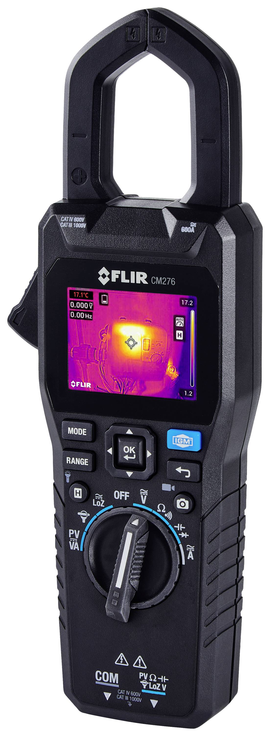 Ein Zangenmessgerät mit digitalem Display zeigt ein Wärmebild an. Es wird zur Messung von elektrischen Strömen und Temperaturen verwendet.