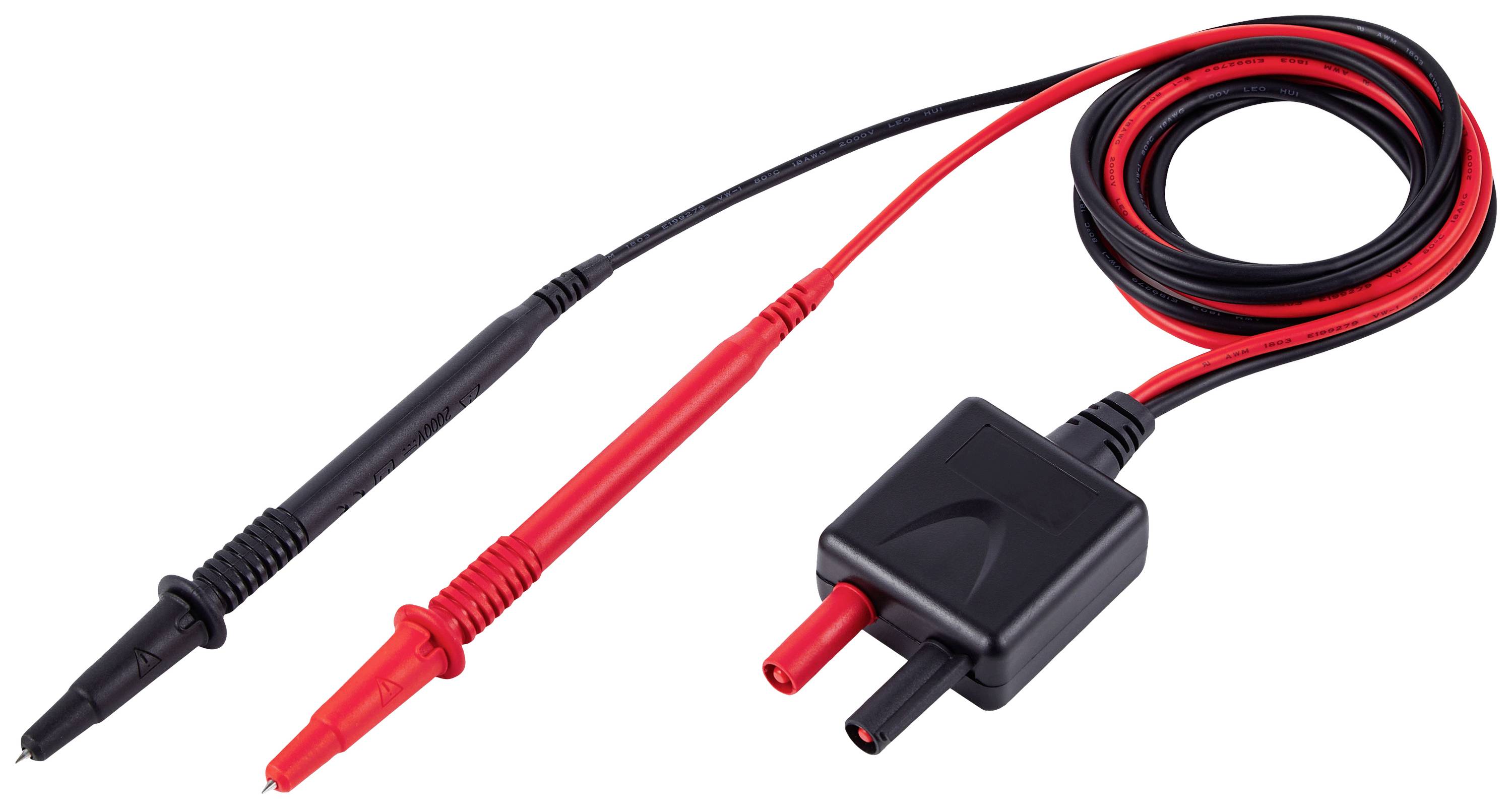 Ein rot-schwarzes Multimeter-Messleitungspaar. Die roten und schwarzen Sonden zeigen in unterschiedliche Richtungen.