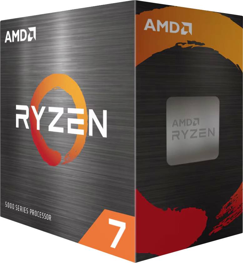 AMD Ryzen 7-Prozessorverpackung mit orange-rotem Logo und grauem Hintergrund. '5000 Series Processor' wird beschrieben.