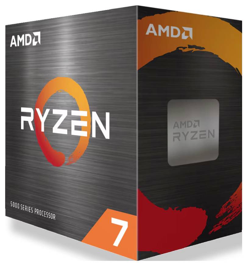 Produktverpackung eines AMD Ryzen 7 Prozessors der 5000er Serie mit dem typischen orange-schwarzen Design und dem AMD-Logo.
