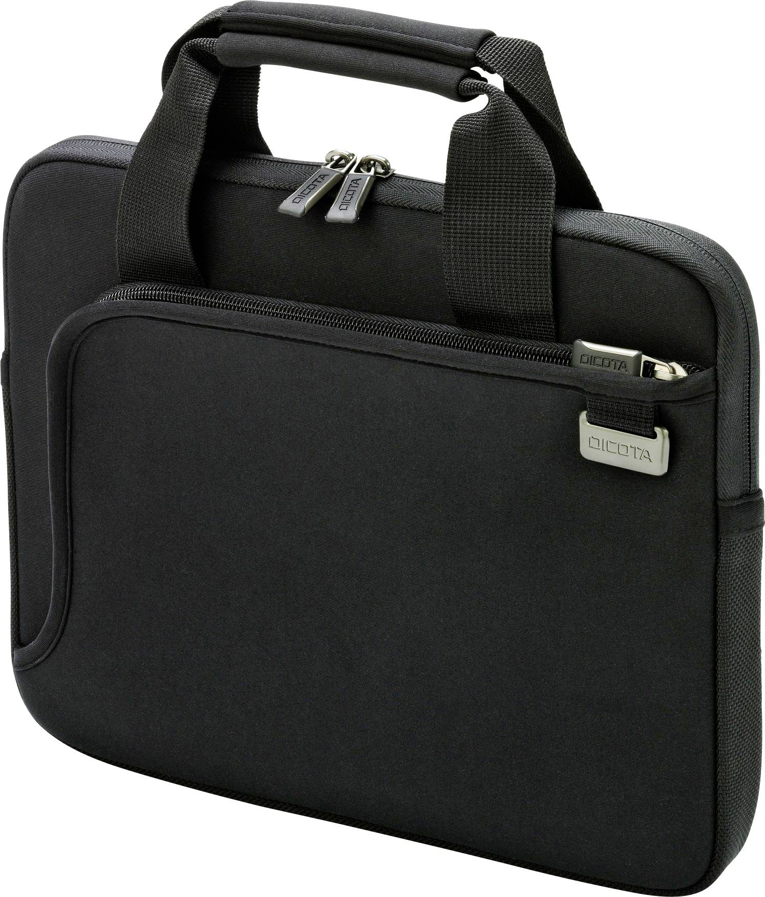 Schwarze Laptoptasche mit Griff, Reißverschlüssen und Fach vorne. Geeignet für den Transport eines kleinen Laptops oder Tablets.