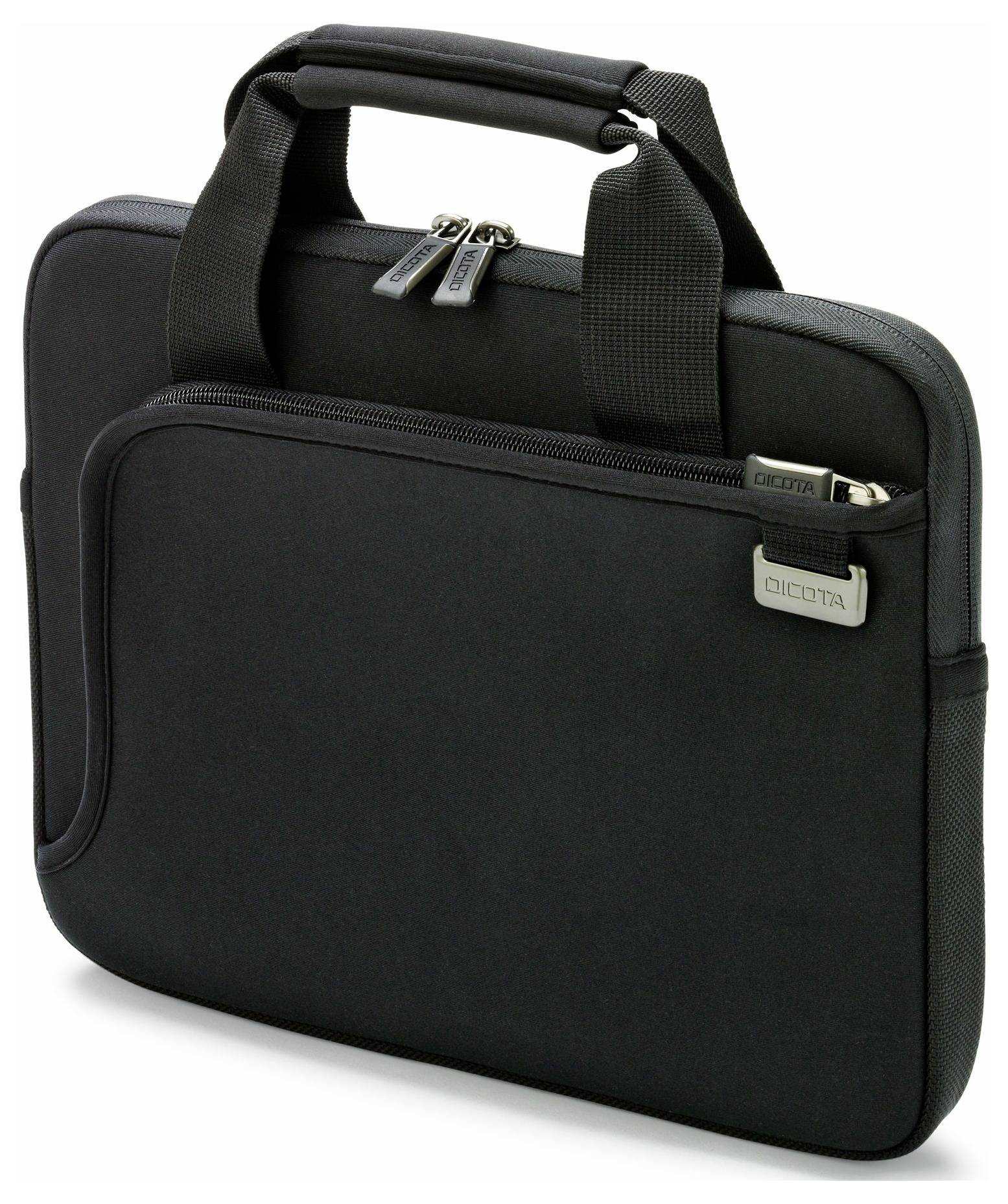 Eine schwarze Laptoptasche mit Griffen und einem Reißverschlussfach vorne. Sie erscheint praktisch und funktional für den Transport von Laptops.