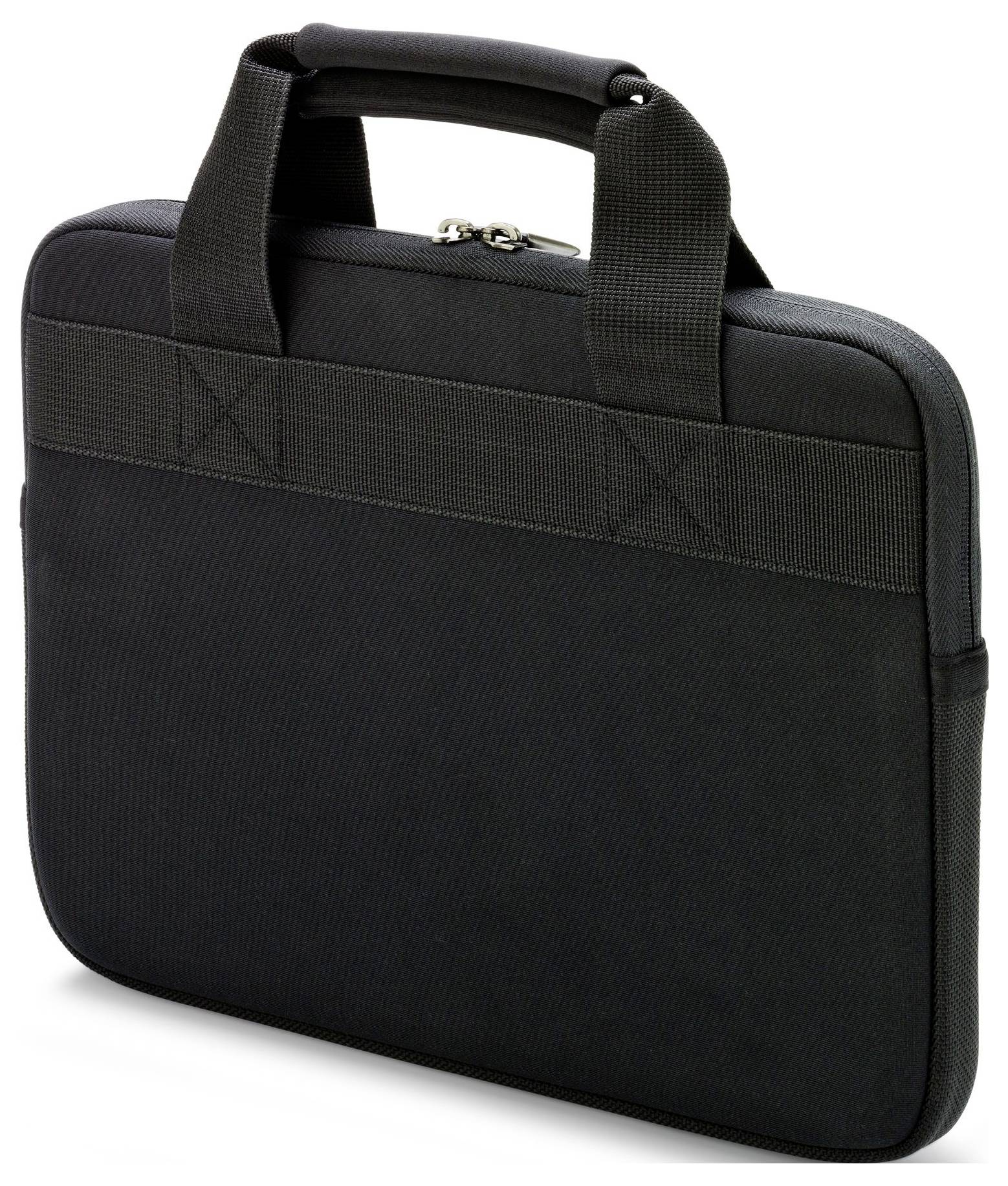 Schwarze Laptoptasche mit zwei Griffen, Reißverschluss oben, gepolstert für Schutz, schlichtes Design.
