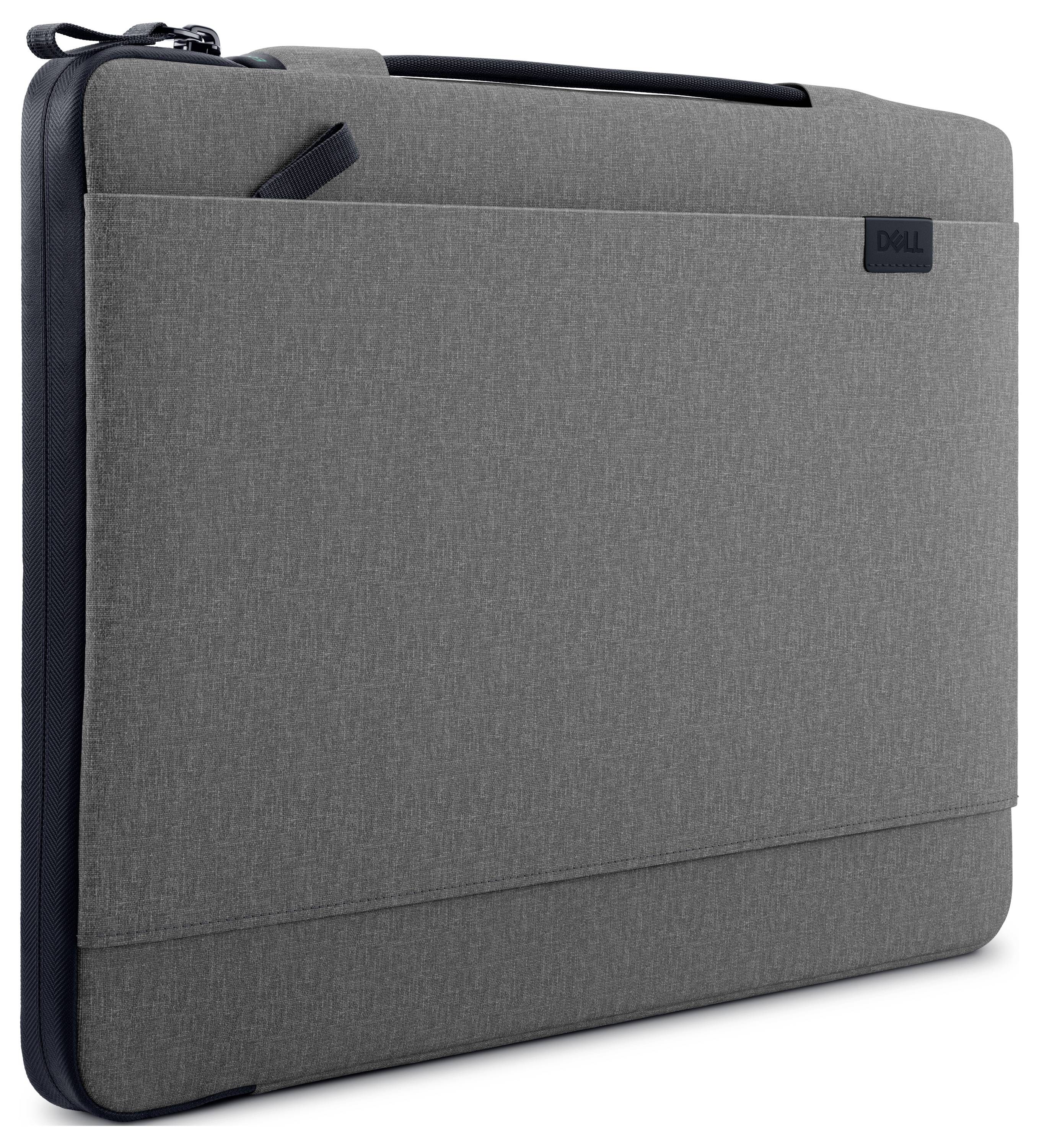 Graue Laptoptasche mit Reißverschluss, Außentasche und Tragegriff. Geeignet für schlanke, leichte Laptops, bietet Schutz und Stil.