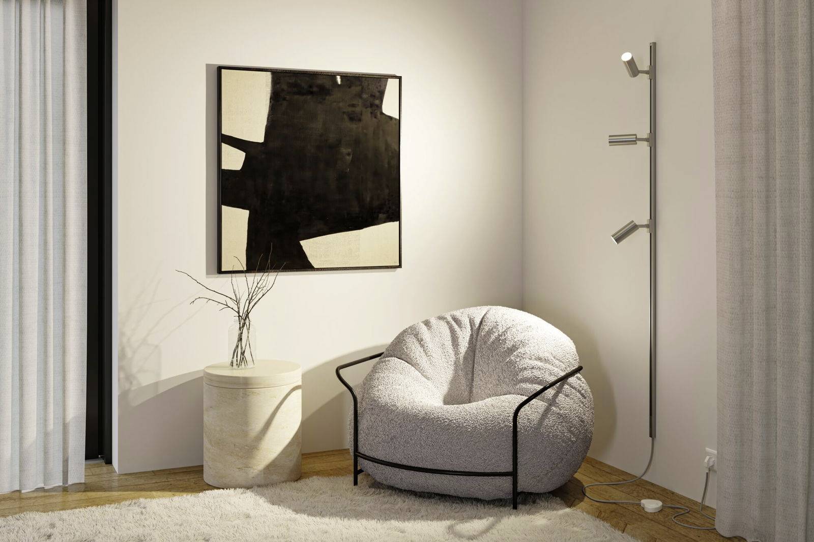 Gemütliche Ecke mit einem plüschigen Sessel, einem modernen Stehlampe, einem runden Holztisch und abstrakter Kunst an der Wand.