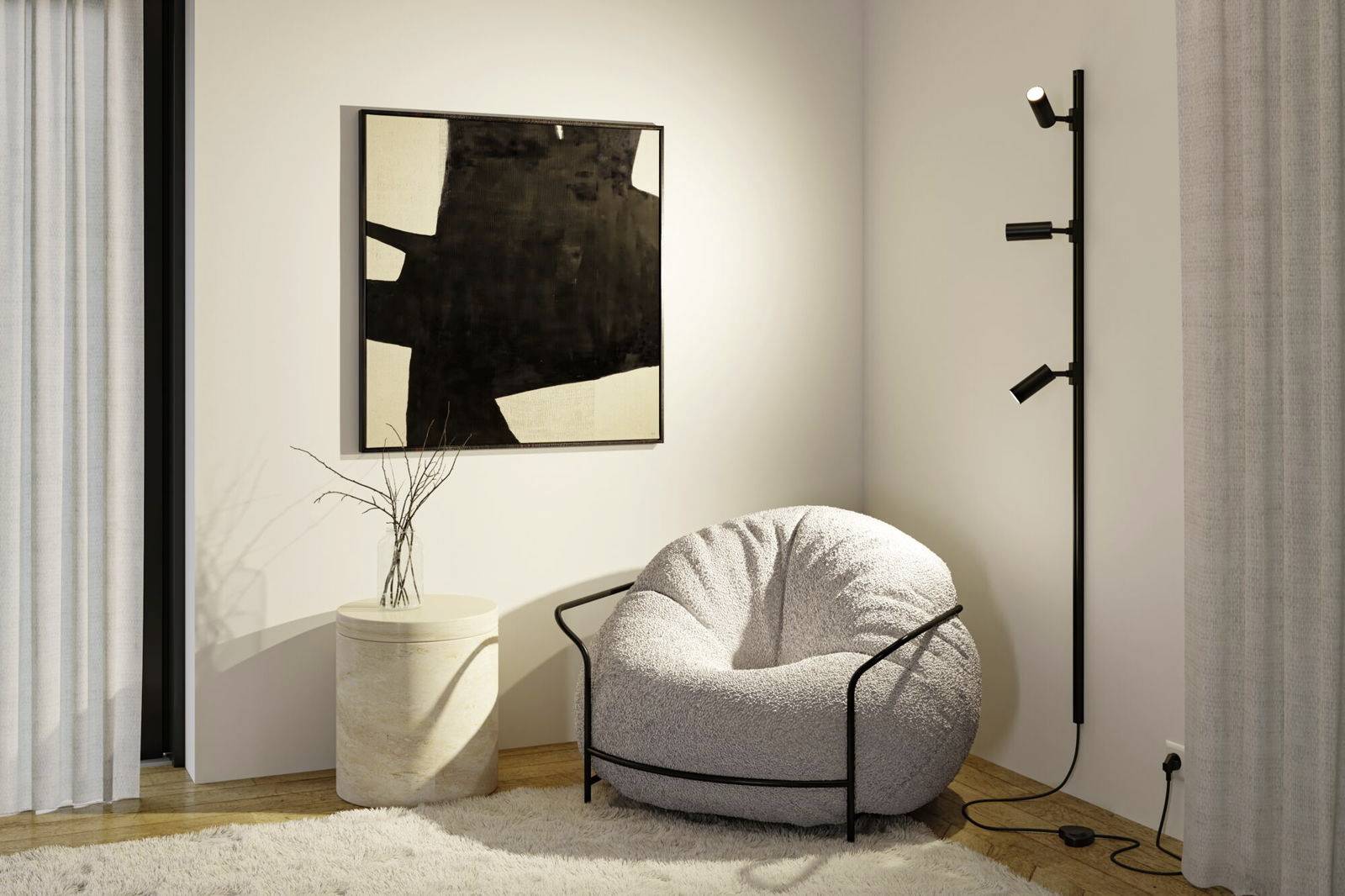Gemütliche Ecke mit einem modernen Sessel, abstraktem Gemälde, Stehlampe und kleinem Tisch mit Vase in einem hellen Raum.