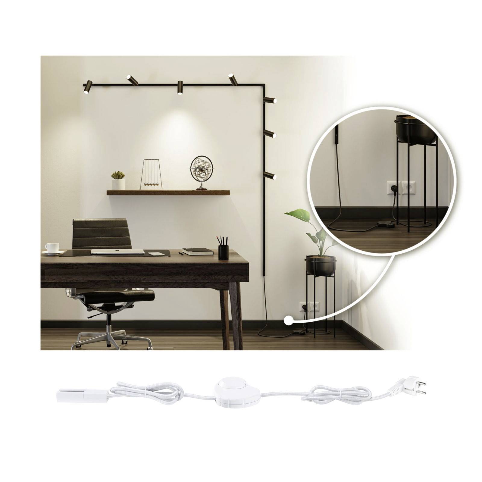 Büro mit Schreibtisch, Stuhl und Wandleuchte. Detailansicht zeigt Pflanzenständer mit Steckdose darunter. Neutrale Farbtöne.
