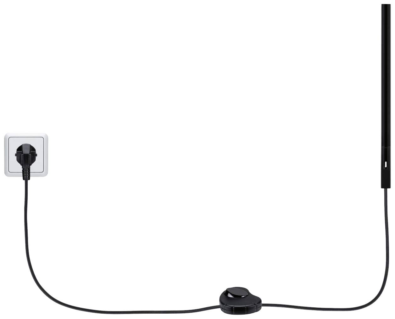 Ein schwarzes Kabel verbindet eine Steckdose links mit einem dunklen Schalter in der Mitte und stößt rechts an einen schmalen, vertikalen Stab.
