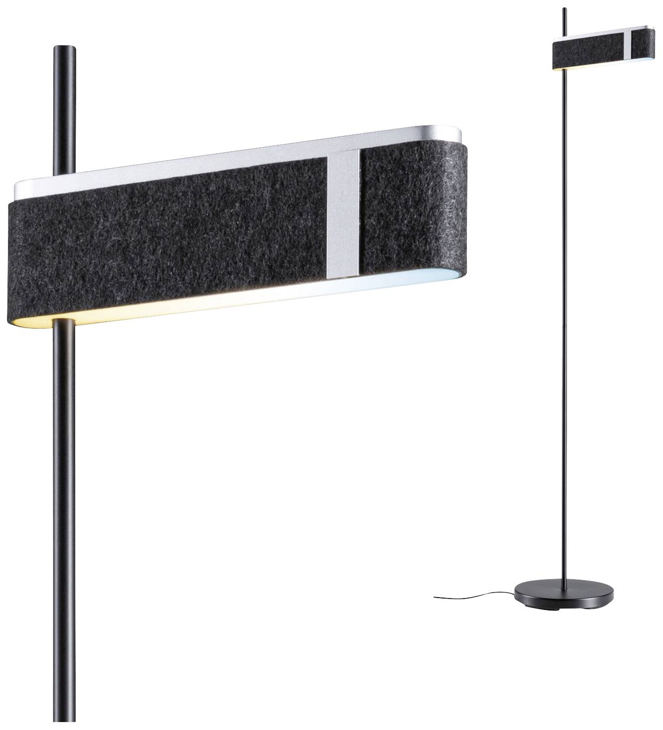 Stehlampe mit schlankem, modernem Design, schwarzem Filzschirm und silbernen Akzenten auf rundem Sockel mit Fußschalter.