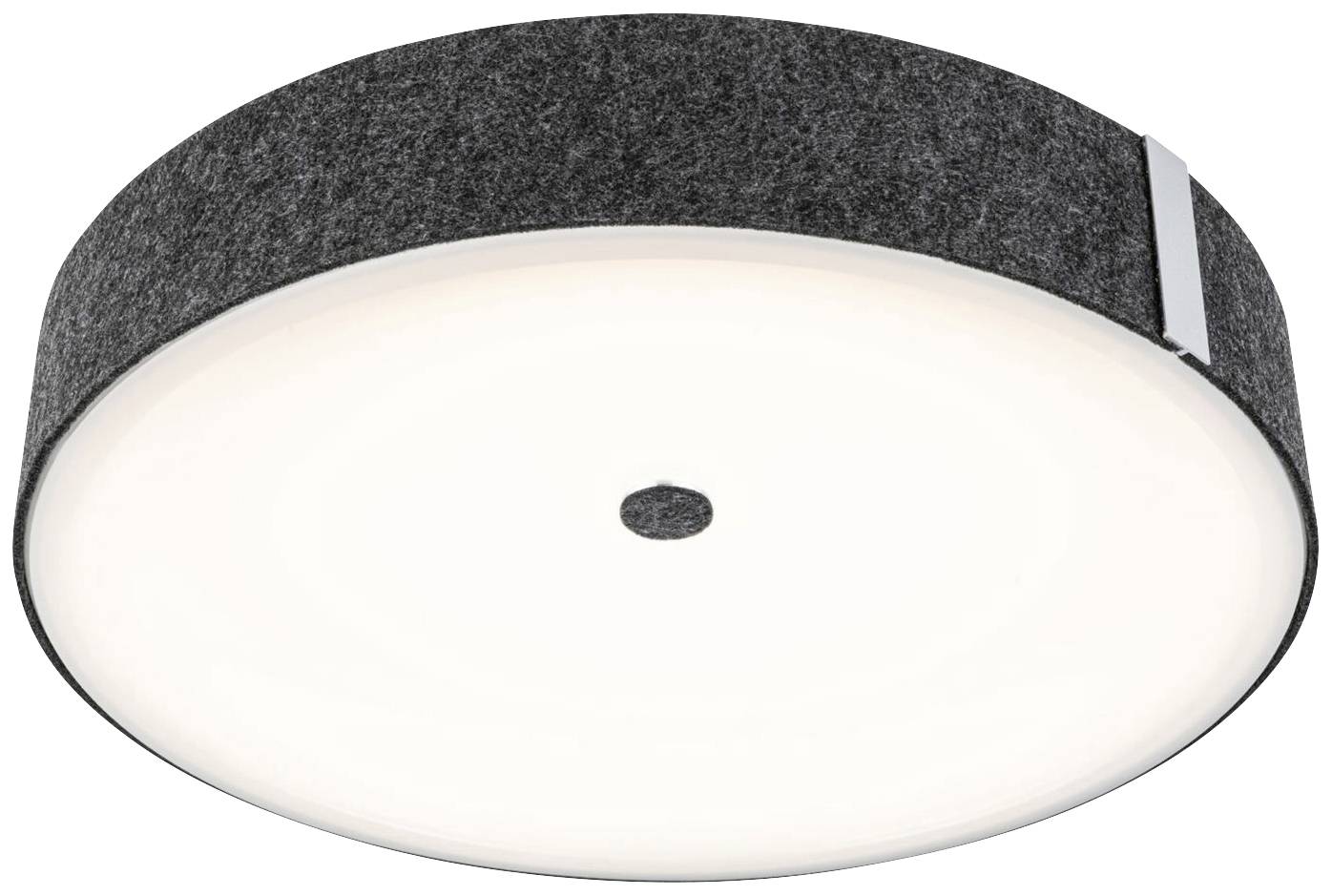 Eine runde Deckenlampe mit einem weißen, leuchtenden Zentrum und einem dunklen, texturierten Rand. Sie bietet diffuses Licht.