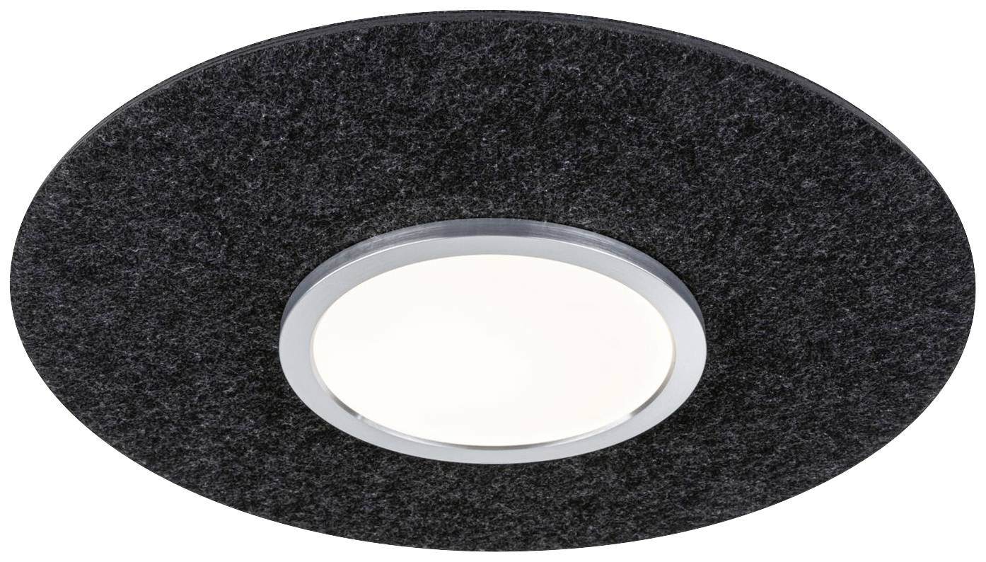 Eine runde, schwarze Deckenleuchte mit einem zentralen weißen Lichtpanel, eingebettet in einen dunkelgrauen Rahmen.