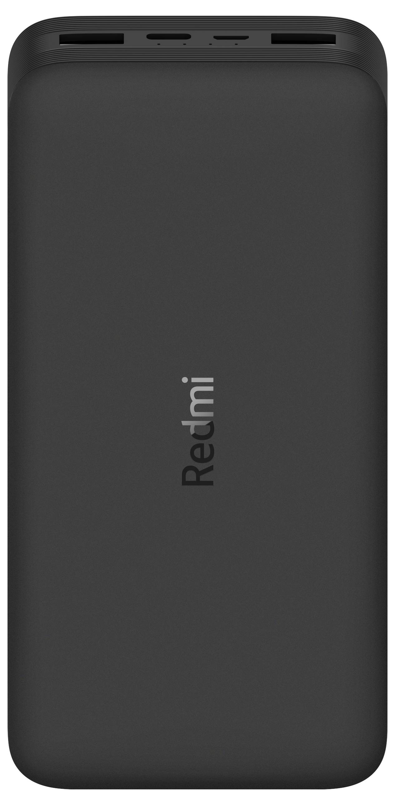 Schwarze Powerbank mit dem Aufdruck 'Redmi' in der Mitte, zwei USB-Anschlüsse und ein Micro-USB-Anschluss an der Oberseite.