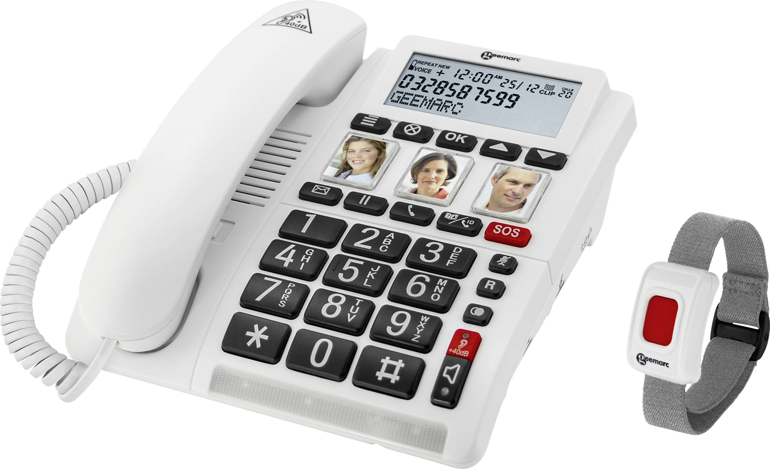 Geemarc CL610 Schnurgebundenes Seniorentelefon Foto-Tasten, Freisprechen, für Hörgeräte kompatibel, inkl. Notrufsender, Optische