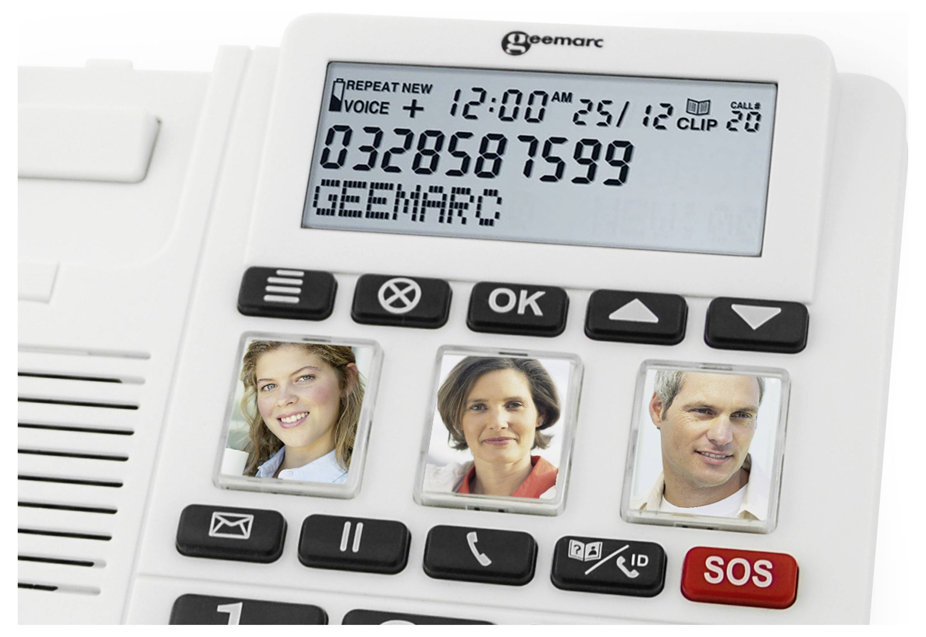 Telefon mit großem Display zeigt '12:00 25/12'. Darunter Tasten mit Bildern von drei Personen und roten 'SOS'-Knopf rechts.
