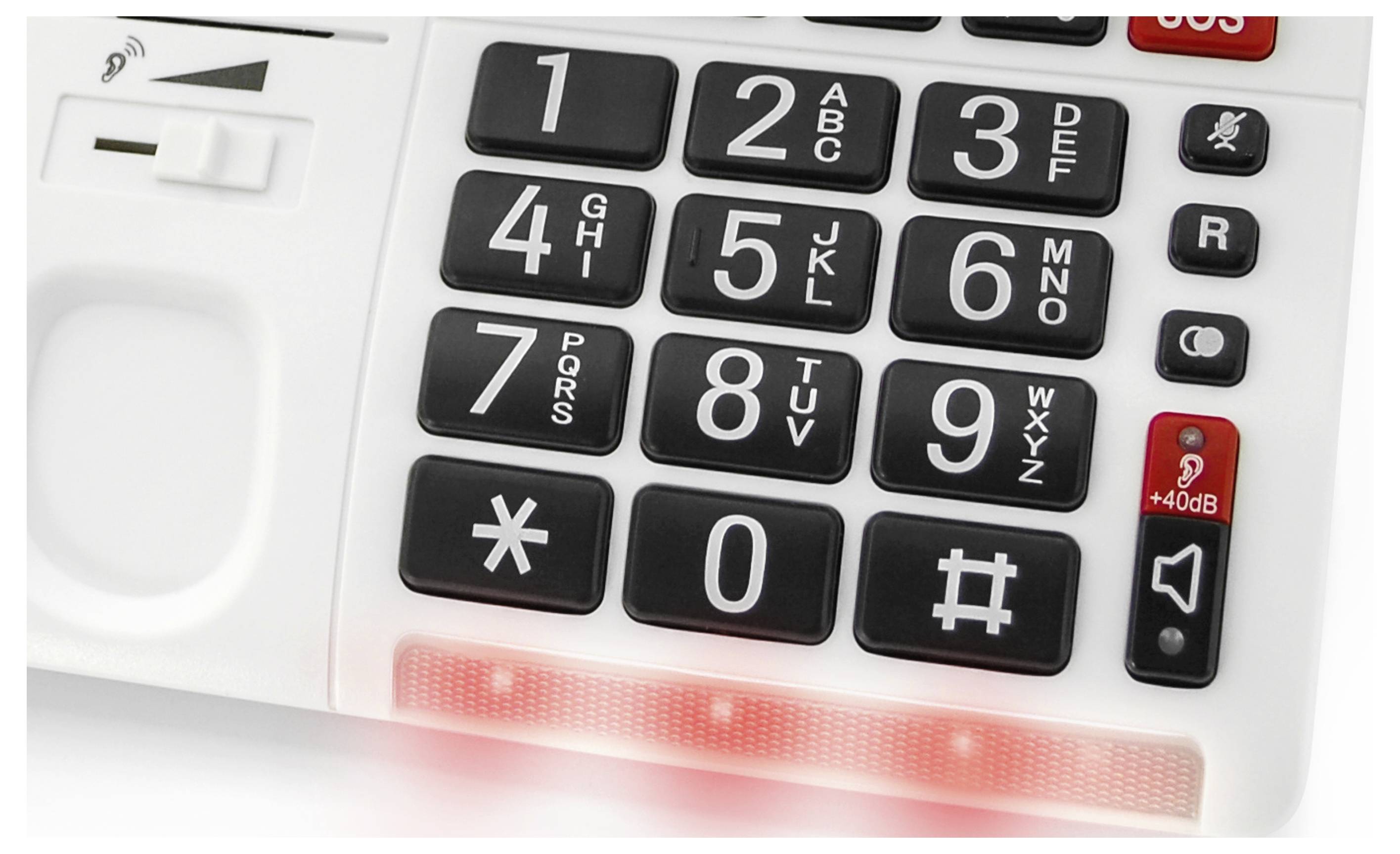 Telefon mit großen Tasten und deutlichen Zahlen, geeignet für Menschen mit Sehbehinderungen. Enthält Lautstärkeregler und Hörgerätsymbol.